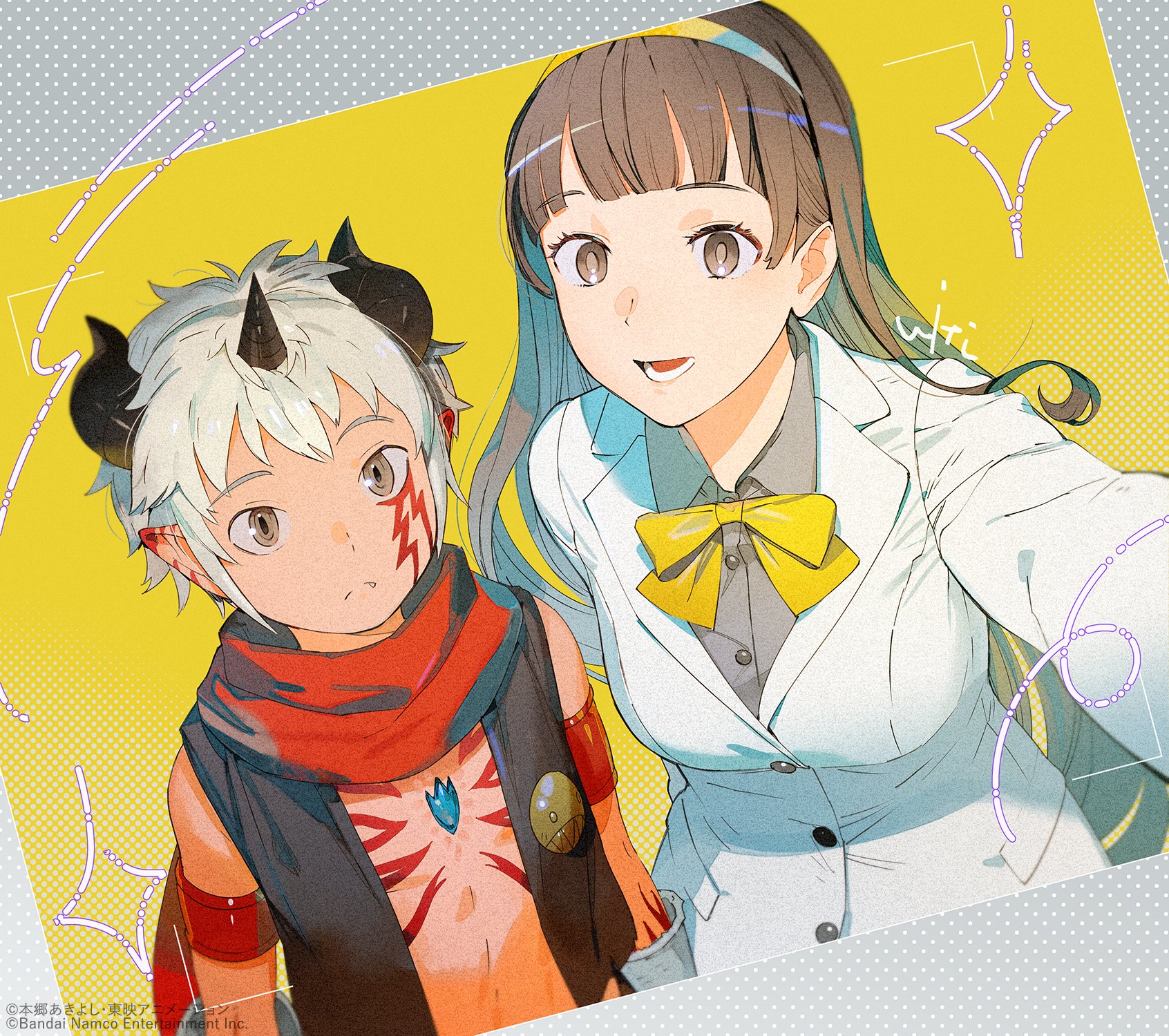 ukumo uichi, aegiomon, misono inori, digimon, digimon story: time stranger, highres, official art, second-party source, 1boy, 1girl, bare shoulders, black vest, body markings, breasts, brown eyes, brown hair, chest jewel, facial mark, gloves, goat horns, grey hair, grey shirt, horns, jacket, large breasts, long hair, no shirt, pointy ears, release celebration, shirt, short hair, simple background, upper body, vest, white gloves, white jacket, yellow background