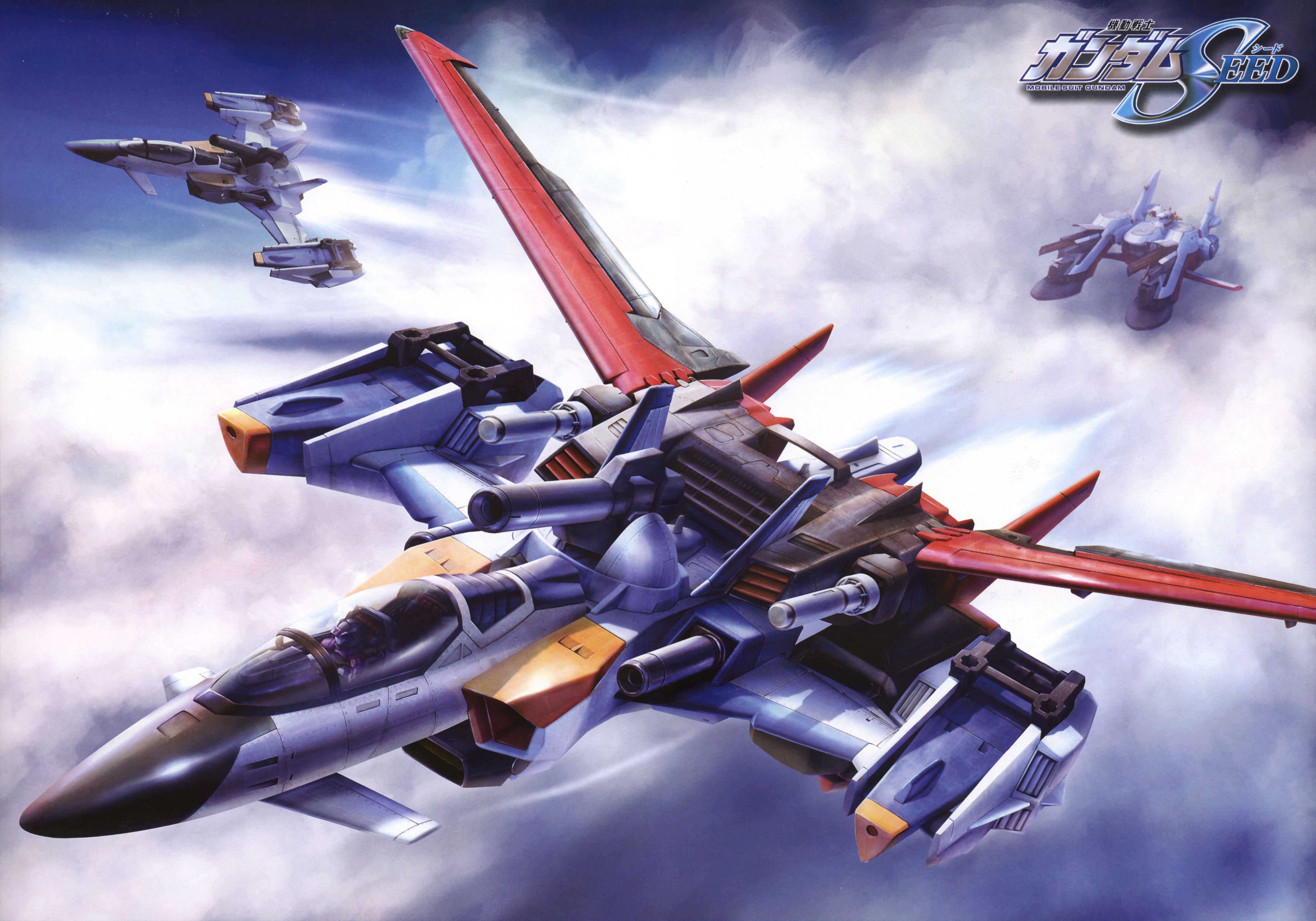 archangel (gundam), mu la flaga, skygrasper, gundam, gundam seed, pilot suit, absurdres, highres, official art, scan, 00s, aircraft, cloud, gun, helmet, sky, weapon