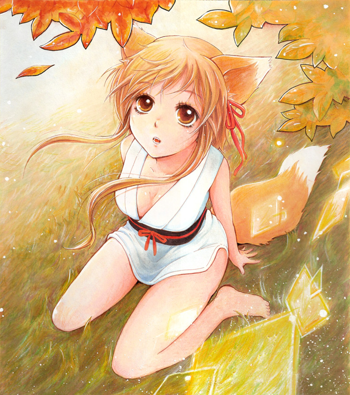 kokkoro (nullcan), traditional media, animal ears, autumn, barefoot, fox ears, fox tail, hair ribbon, leaf, ribbon, shikishi, solo, tail