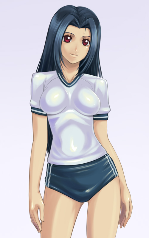 muhi11234, miura azusa, idolmaster, idolmaster (classic), idolmaster 1, 00s, 1girl, ahoge, blue hair, breasts, buruma, female focus, gym uniform, long hair, medium breasts, red eyes, simple background, solo, standing