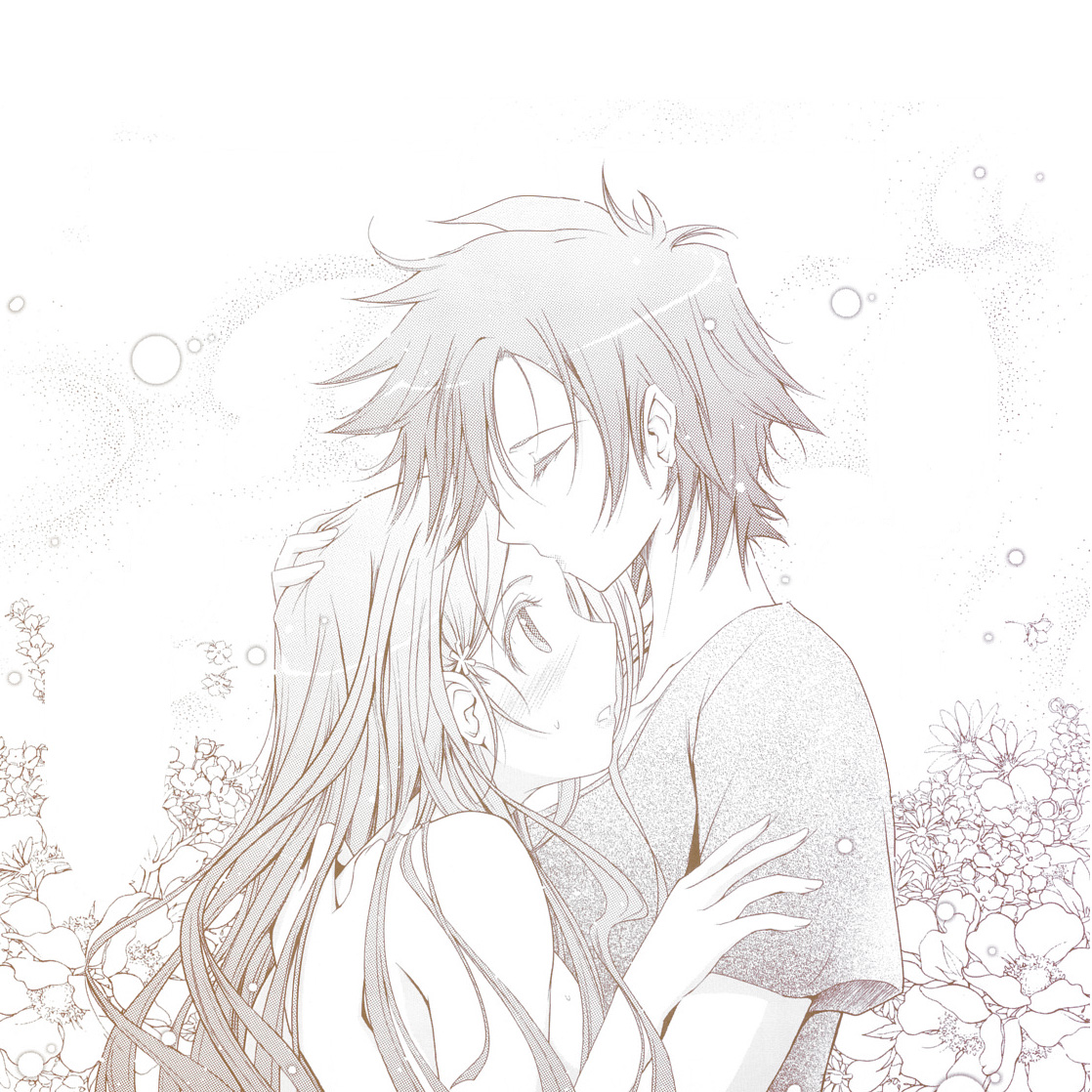 tana (garyuh-chitai), arisawa tatsuki, inoue orihime, bleach, 00s, 2girls, blush, closed eyes, comic, flower, hug, kiss, long hair, monochrome, multiple girls, nude, shirt, short hair, t-shirt, yuri