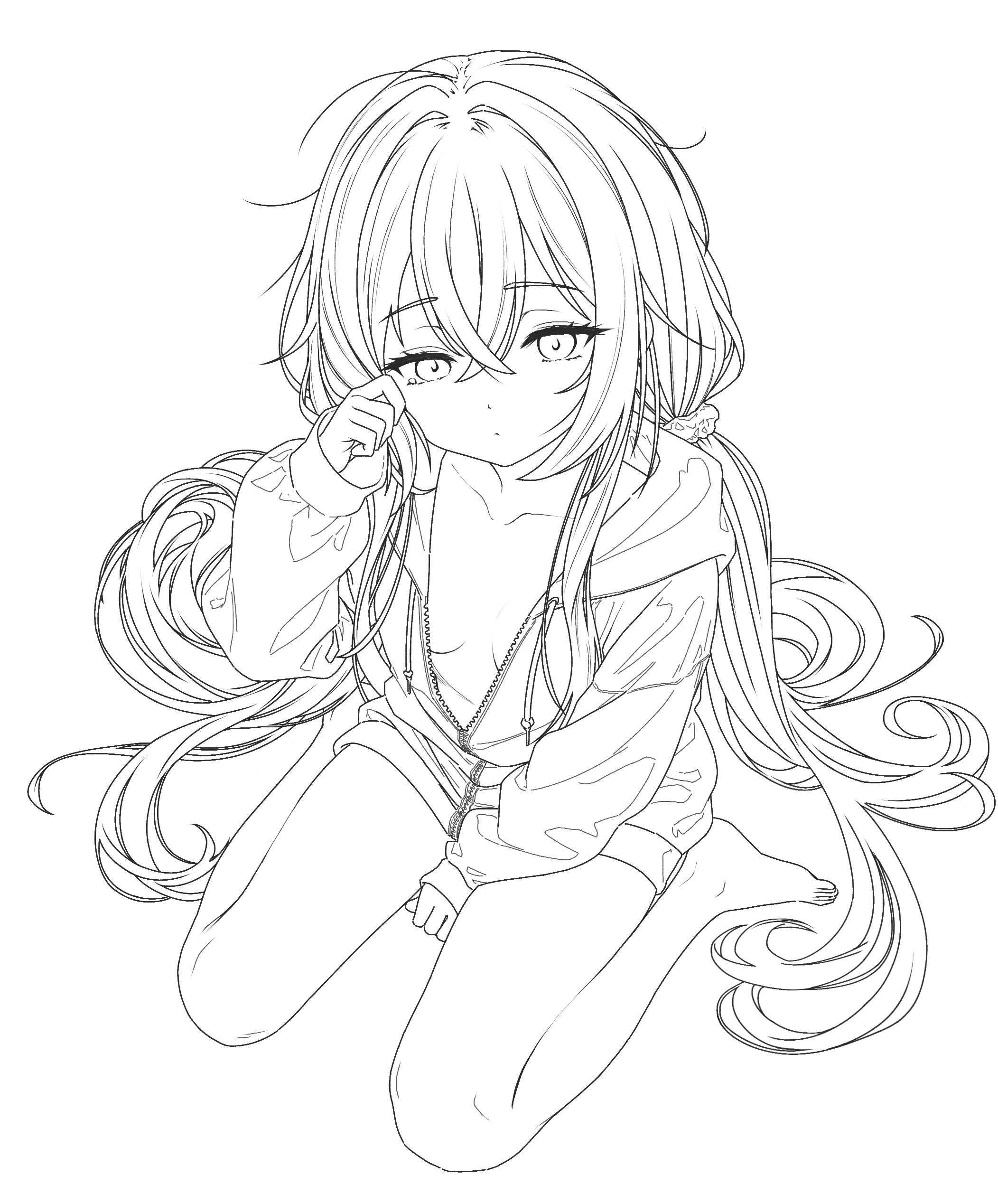 arazand, original, absurdres, highres, 1girl, barefoot, breasts, cleavage, closed mouth, collarbone, dot mouth, dot nose, double-parted bangs, expressionless, full body, hair ornament, hair scrunchie, hood, hoodie, lineart, long hair, looking at viewer, monochrome, scrunchie, simple background, sitting, sleepy, solo, spot color, thighs, twintails, wariza, white background