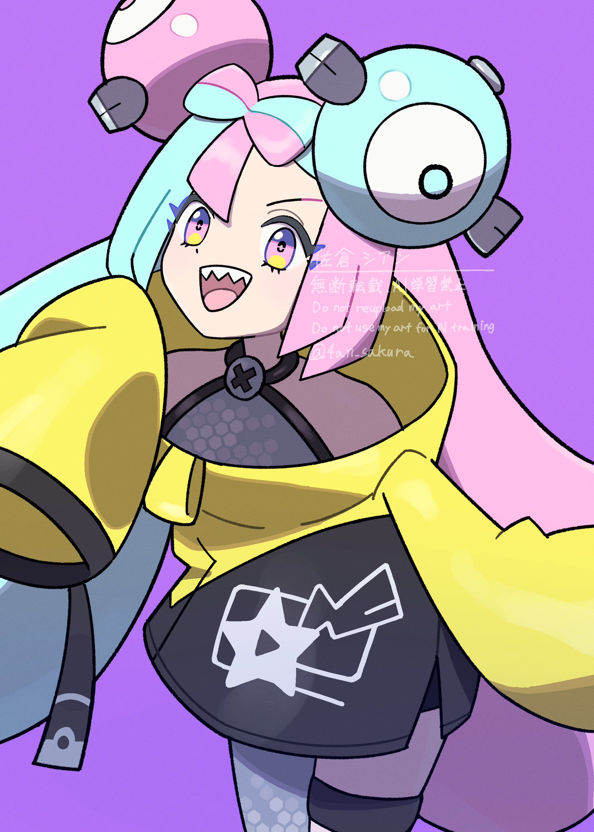 iono (pokemon), nintendo, pokemon, pokemon sv, absurdres, commentary request, highres, 1girl, :d, aqua hair, bow-shaped hair, character hair ornament, grey shirt, hair ornament, hand up, happy, jacket, long sleeves, multicolored hair, open mouth, pink eyes, pink hair, purple background, sakura shian, shirt, simple background, single leg pantyhose, sleeveless, sleeveless shirt, sleeves past fingers, sleeves past wrists, smile, solo, star (symbol), star print, teeth, thigh strap, tongue, two-tone hair, upper teeth only, watermark, yellow jacket