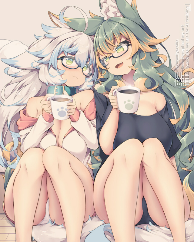 kuromiya, kuromiya raika (kuromiya), shiromiya asuka (kuromiya), original, commentary request, 2girls, animal ears, bespectacled, black-framed eyewear, black shirt, blue hair, breasts, cleavage, coffee, cup, glasses, green eyes, green hair, holding, holding cup, large breasts, legs, looking at another, multicolored hair, multiple girls, open mouth, orange hair, shirt, sitting, smile, tail, two-tone hair, white hair, white shirt