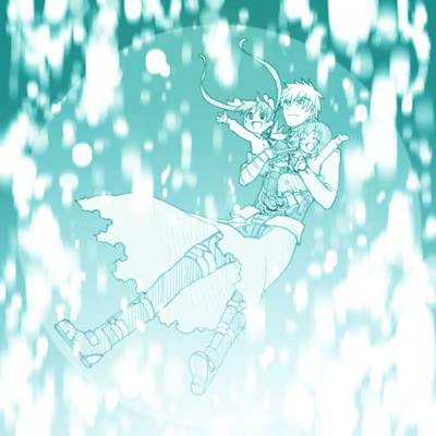 st parasu, archer (fate), matou sakura, tohsaka rin, fate/stay night, fate (series), lowres, 00s, 1boy, 2girls, aqua theme, falling, monochrome, multiple girls