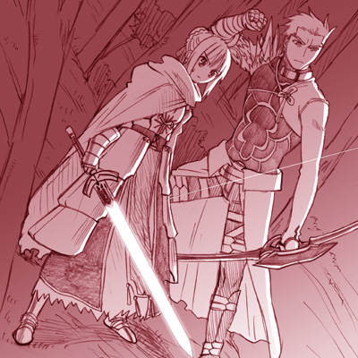 st parasu, archer (fate), artoria pendragon (fate), saber (fate), fate/stay night, fate (series), lowres, 00s, 1boy, 1girl, bow, bow (weapon), excalibur (fate/stay night), monochrome, pink theme, sword, weapon