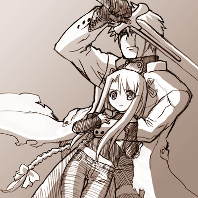st parasu, archer (fate), archerko (himura kiseki), fate/stay night, fate (series), lowres, 00s, 1boy, 1girl, brown theme, monochrome