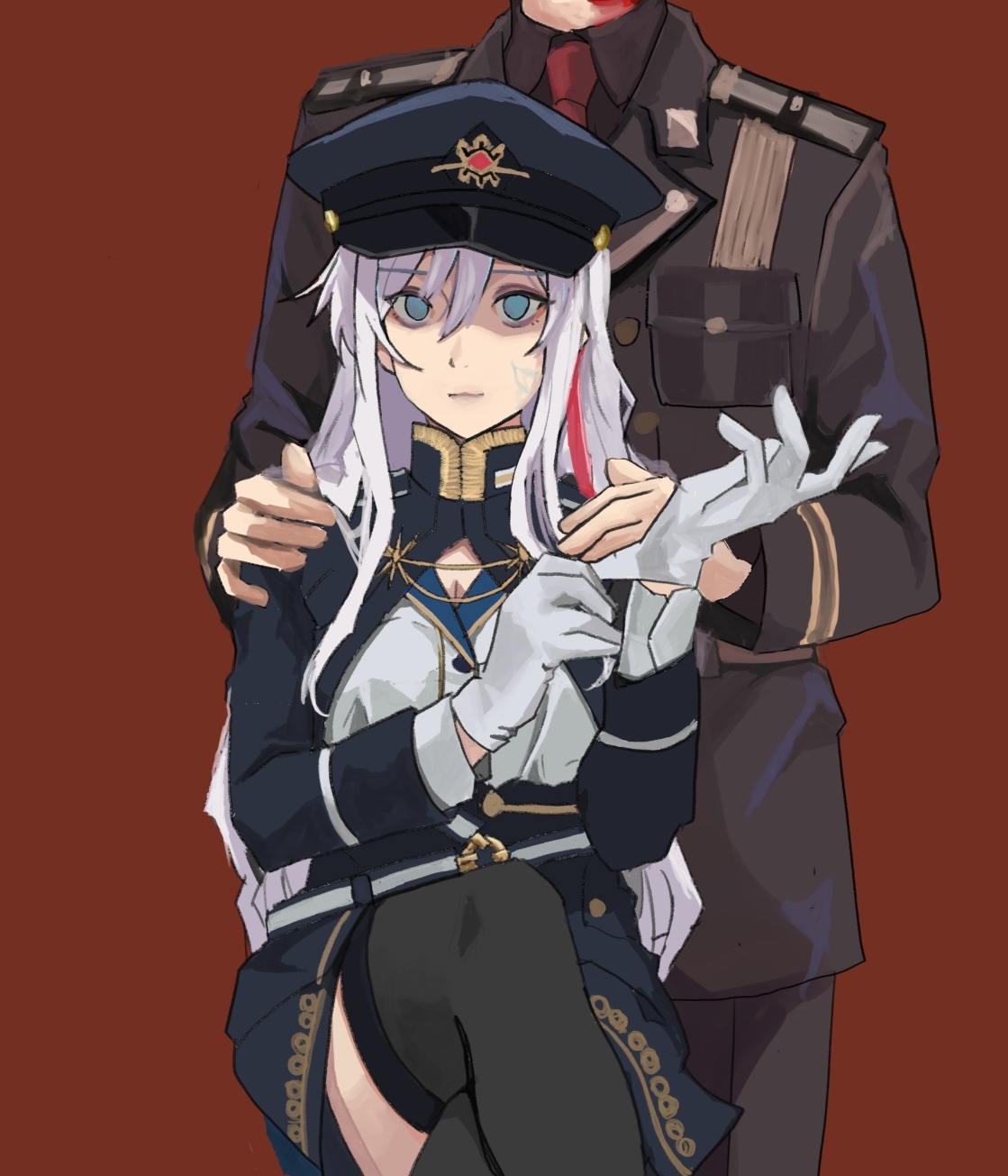 wani (perfect han), character request, copyright request, 1boy, 1girl, adjusting clothes, adjusting gloves, black thighhighs, blue eyes, blue jacket, blue skirt, breasts, brown jacket, brown pants, brown shirt, cleavage, gloves, grey hair, hair between eyes, hands on another's shoulders, hat, head out of frame, jacket, lapel pin, lapels, long hair, looking at viewer, military jacket, military uniform, necktie, pants, peaked cap, red background, red necktie, shirt, shoulder boards, sidelocks, sitting, skirt, standing, thighhighs, white gloves, zettai ryouiki