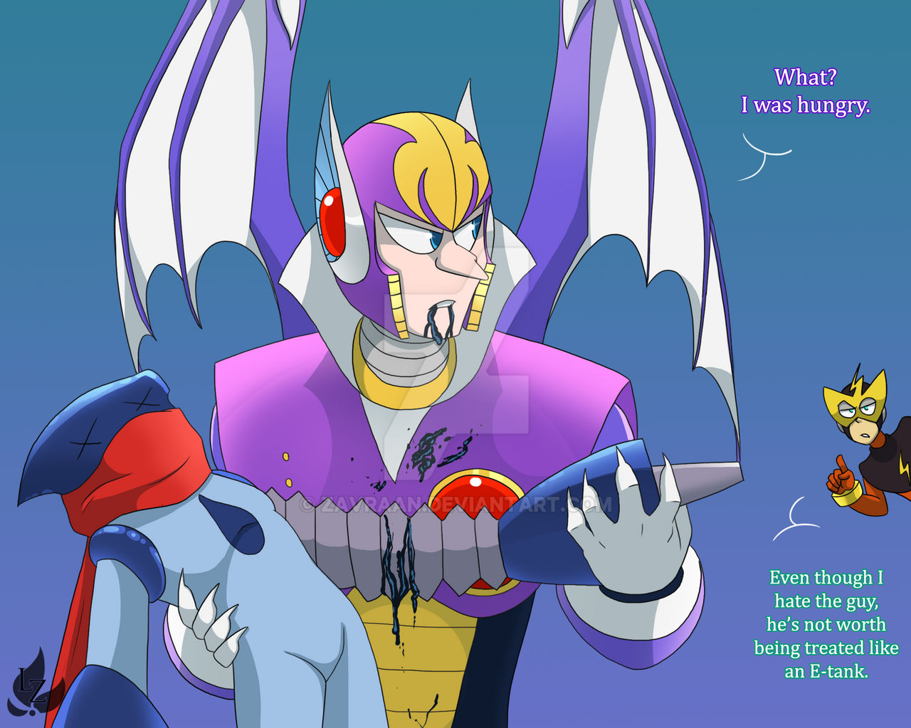 elec man, oil man, shade man, capcom, mega man: powered up, mega man (classic), mega man (series), mega man 1, mega man 7, blue eyes, claws, fangs, helmet, long nose, looking at another, mask, no humans, robot, vampire, wings