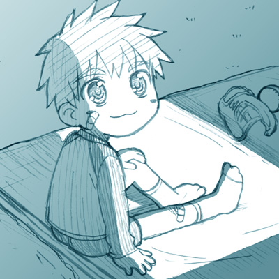 st parasu, emiya shirou, fate/stay night, fate (series), lowres, 00s, 1boy, :3, aged down, bandaid, bandaid on face, bandaid on knee, bandaid on leg, baseball, indoors, knee up, male focus, monochrome, raglan sleeves, sitting, solo