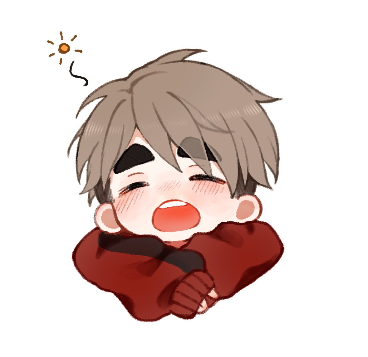 miya osamu, haikyuu!!, 1boy, black hair, blush, chestnut mouth, closed eyes, cropped torso, grey hair, hair between eyes, jacket, long sleeves, male focus, open mouth, parted hair, red jacket, simple background, sleepy, solo, squeans, teeth, thick eyebrows, track jacket, upper teeth only, white background, zeroq96kun
