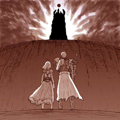 st parasu, archer (fate), artoria pendragon (fate), matou sakura, saber (fate), tohsaka rin, fate/stay night, fate (series), lowres, 00s, 1boy, 2girls, aged down, monochrome, multiple girls, red theme, silhouette, sword, tower, weapon