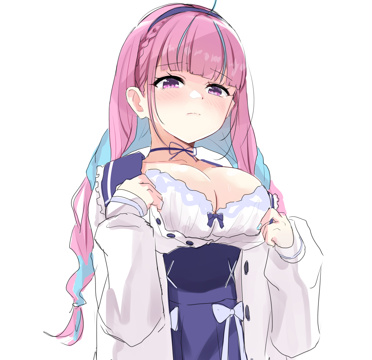 maramuya, minato aqua, minato aqua (sailor), hololive, highres, 1girl, ahoge, aqua hair, aqua nails, blue bow, blue bra, blue hairband, blue ribbon, blue skirt, blush, bow, bow bra, bra, braid, breasts, closed mouth, coat, collarbone, colored inner hair, fingernails, hairband, long hair, long sleeves, multicolored hair, nail polish, neck ribbon, open clothes, open shirt, pink eyes, pink hair, ribbon, shirt, simple background, skirt, solo, streaked hair, twin braids, twintails, two-tone hair, underwear, virtual youtuber, white background, white bow, white bra, white coat, white shirt
