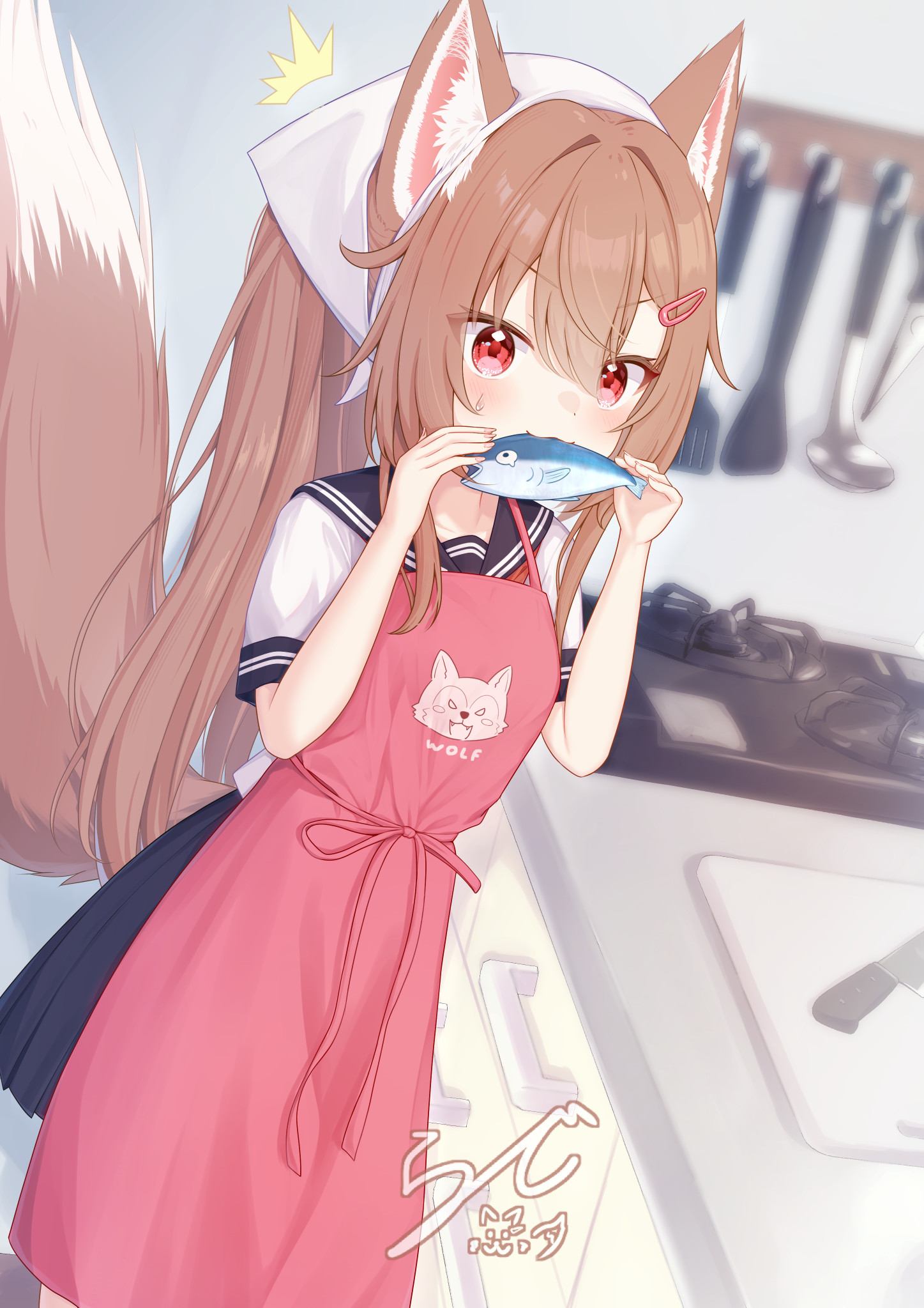 rade (rade 552), original, commentary request, highres, 1girl, ^^^, animal ear fluff, animal ears, apron, blue sailor collar, blue skirt, brown hair, fish, hair ornament, hairclip, headscarf, kitchen, long hair, looking at viewer, miniskirt, pink apron, pleated skirt, red eyes, sailor collar, sailor shirt, school uniform, serafuku, shirt, short sleeves, signature, skirt, solo, tail, v-shaped eyebrows, white headscarf, white shirt, wolf ears, wolf girl, wolf tail