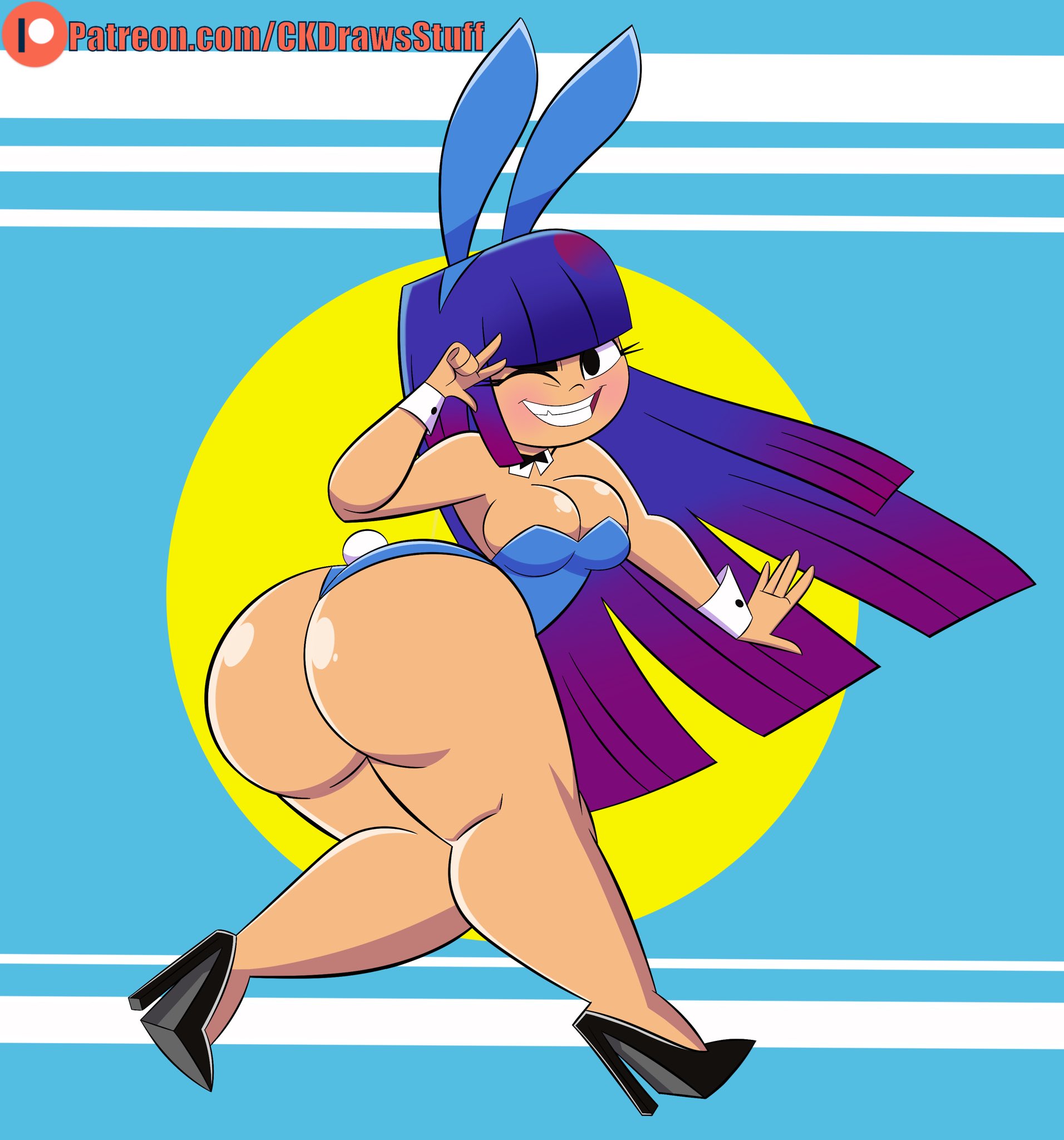 ckdrawsstuff, miko kubota, glitch techs, commentary, english commentary, highres, 1girl, animal ears, ass, blue hair, blue leotard, breasts, eyelashes, fake animal ears, fake tail, full body, huge ass, leotard, long hair, looking at viewer, mature female, multicolored hair, one eye closed, open mouth, patreon logo, playboy bunny, purple hair, shiny skin, sidelocks, solo, tail, teeth, thick thighs, thighs, w, watermark, web address, white wrist cuffs, wrist cuffs