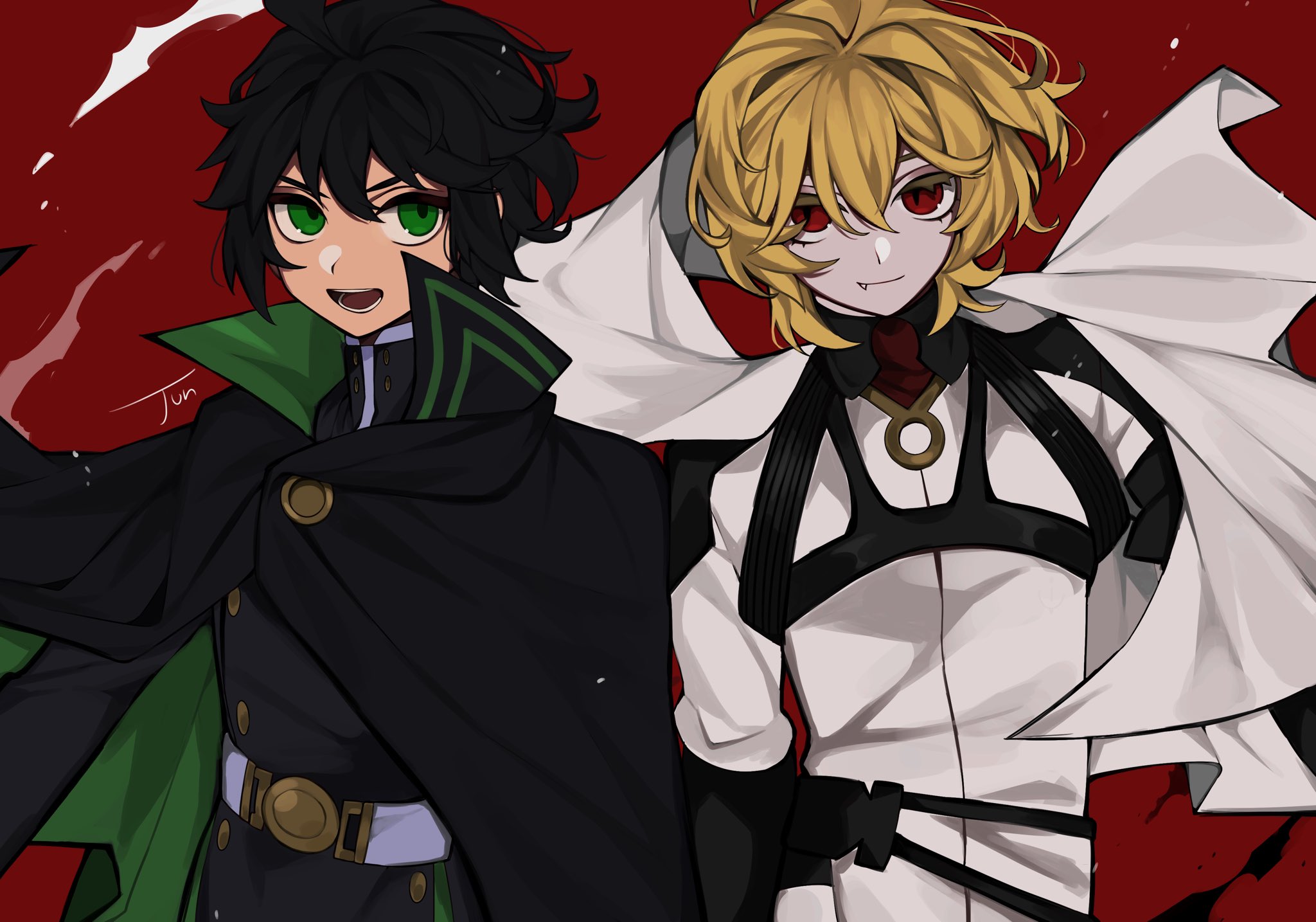 hyakuya mikaela, hyakuya yuuichirou, owari no seraph, bad id, bad twitter id, highres, 2boys, artist name, belt, black cloak, black hair, black jacket, blonde hair, cape, cloak, closed mouth, collared cloak, collared jacket, fang, green cloak, green eyes, hair between eyes, jacket, jun hanase, looking at viewer, male focus, military uniform, multiple boys, open mouth, red background, red eyes, short hair, simple background, slit pupils, smile, teeth, two-tone cloak, upper body, white cape, white jacket