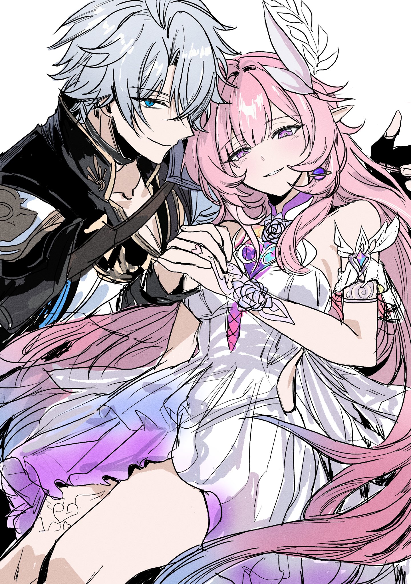 ilsijeongj2213, cyrene (honkai: star rail), cyrene (ripples of past reverie) (honkai: star rail), phainon (honkai: star rail), honkai: star rail, honkai (series), hashtag-only commentary, highres, 1boy, 1girl, bare shoulders, black coat, black gloves, blue eyes, breasts, coat, couple, dress, earrings, fingerless gloves, gloves, halo, hetero, interlocked fingers, jewelry, large breasts, long hair, multicolored hair, pink hair, pointy ears, purple eyes, short hair, simple background, thighhighs, two-tone hair, very long hair, white background, white dress, white hair