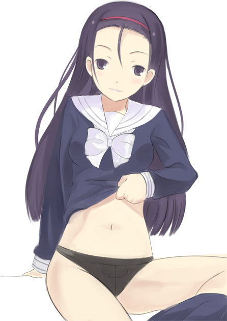 enoki p, kumokawa seria, kumokawa serio, toaru majutsu no index, bad id, bad pixiv id, 00s, 1girl, black eyes, black hair, bottomless, clothes lift, female focus, kneehighs, long hair, navel, no pants, panties, shirt lift, socks, solo, underwear