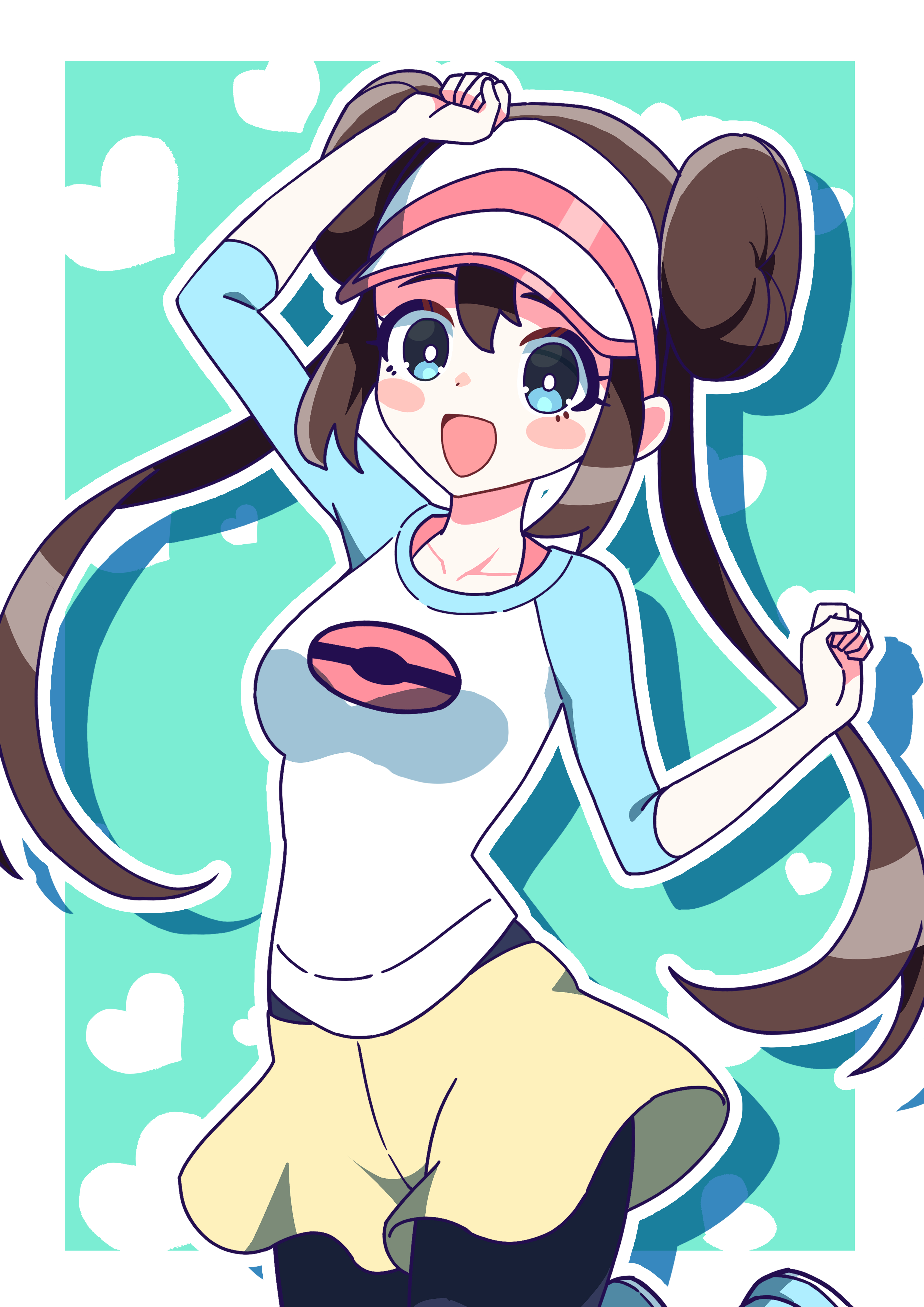 todeu (cool8254), rosa (pokemon), nintendo, pokemon, pokemon bw2, absurdres, commentary request, highres, 1girl, :d, arm up, black pantyhose, blue eyes, blush stickers, border, brown hair, clenched hands, double bun, green background, hair bun, happy, heart, long hair, open mouth, outline, outside border, pantyhose, raglan sleeves, shirt, shoes, shorts, smile, solo, twintails, visor cap, white border, yellow shorts