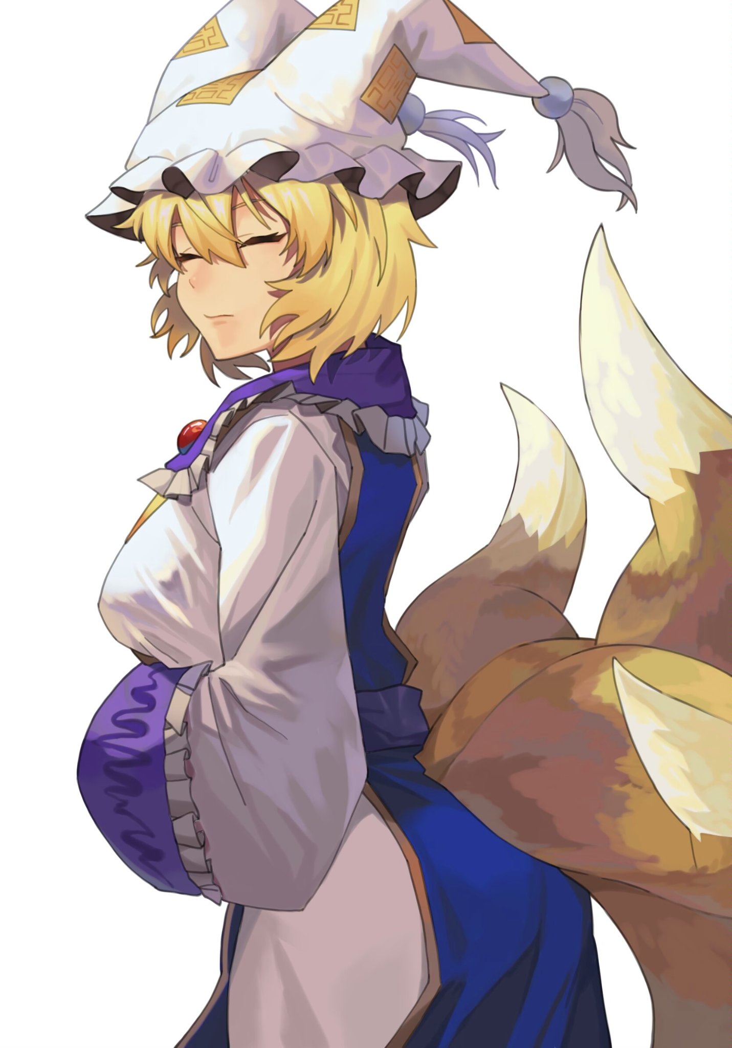 onionmay, yakumo ran, touhou, highres, apron, blonde hair, blue dress, closed eyes, dress, fox tail, frilled dress, frills, hat, mob cap, multiple tails, short hair, sleeves past wrists, tail, white dress