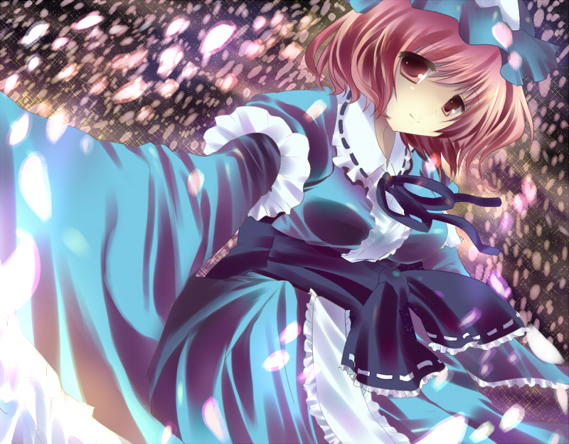 kinoko (hkn), saigyouji yuyuko, touhou, bad id, bad pixiv id, 1girl, breasts, dress, female focus, hat, petals, pink eyes, pink hair, solo