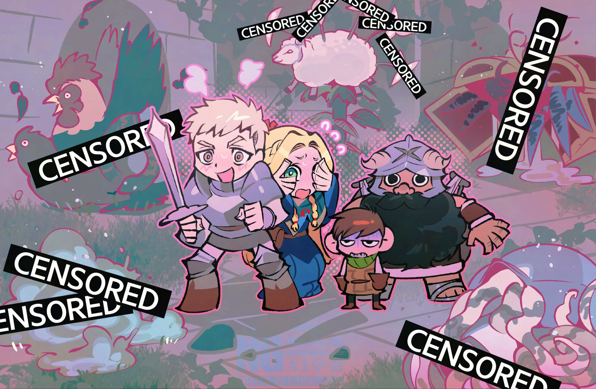 gapamopa, chilchuck tims, laios touden, marcille donato, senshi (dungeon meshi), dungeon meshi, panty & stocking with garterbelt, commentary, highres, 1girl, 3boys, :d, armor, bar censor, barometz (dungeon meshi), basilisk, beard, bird, black eyes, black hair, black pants, blonde hair, blue capelet, blue robe, blush, boots, braid, brown hair, brown shoes, capelet, censored, chicken, clenched teeth, covering own eyes, curtained hair, disgust, doppelganger (dungeon meshi), dwarf, excited, facial hair, fake horns, flower, flying sweatdrops, full-face blush, furrowed brow, gorget, grass, green eyes, half-closed eyes, halfling, helmet, hermit crab, holding, holding sword, holding weapon, horned helmet, horns, knee pads, large ears, long beard, long hair, mimic, multiple boys, mustache, neck warmer, octopus, open mouth, pants, parody, pauldrons, plant, plate armor, robe, sandals, sheep, shoes, short hair, shoulder armor, slime (creature), smile, snake tail, stone floor, stone wall, style parody, sweatdrop, sword, tail, teeth, tentacles, twin braids, vambraces, very long beard, weapon, white pants