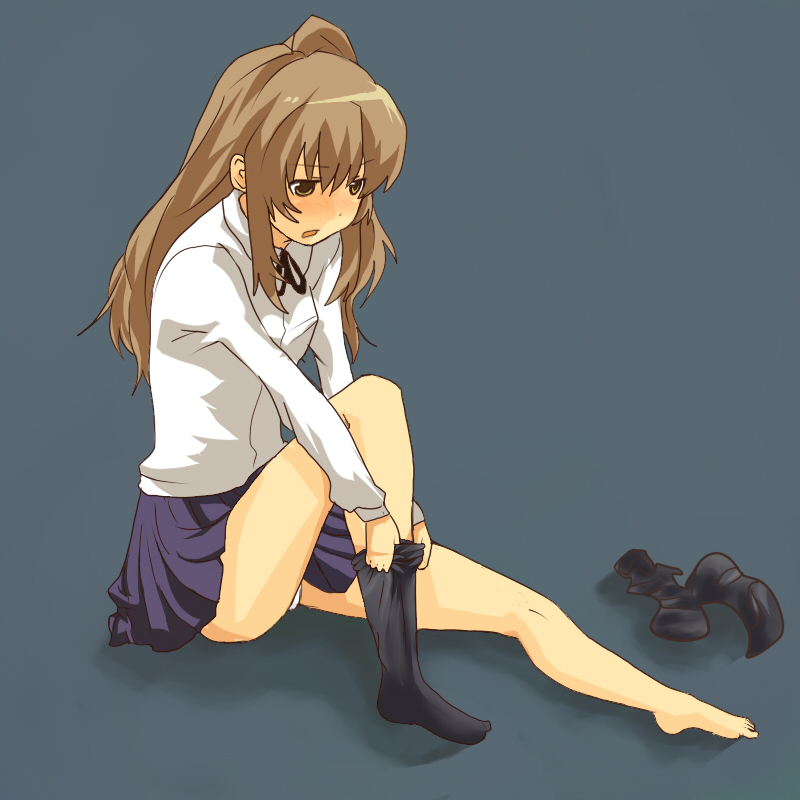 gaihan umeboshi mitchell, shimau (artist), aisaka taiga, toradora!, bad id, bad pixiv id, 00s, 1girl, barefoot, brown eyes, brown hair, dressing, female focus, long hair, panties, school uniform, skirt, socks, solo, thighhighs, underwear, undressing, upskirt, white panties