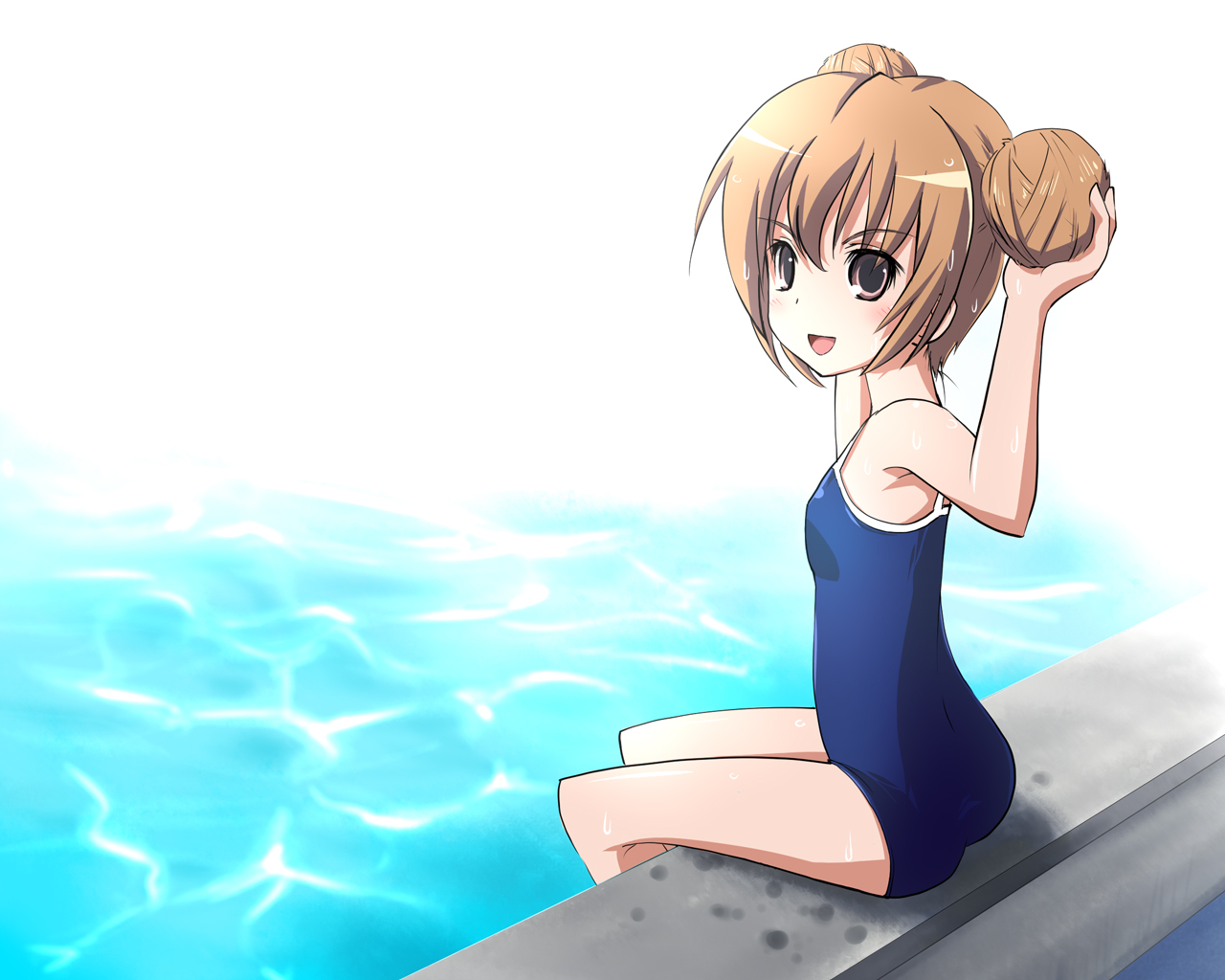 sakaki soshi, aisaka taiga, toradora!, 00s, 1girl, brown eyes, brown hair, competition school swimsuit, double bun, female focus, flat chest, hair bun, one-piece swimsuit, pool, school swimsuit, solo, swimsuit, water
