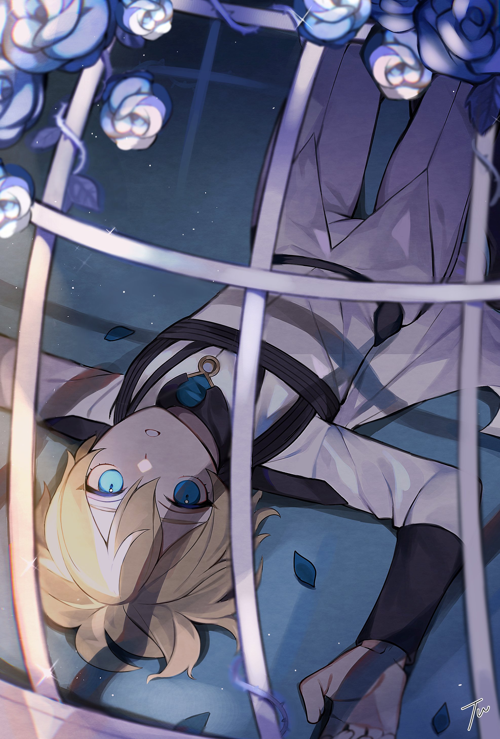 hyakuya mikaela, owari no seraph, absurdres, bad id, bad twitter id, highres, 1boy, ahoge, aqua eyes, birdcage, black jacket, blonde hair, cage, cowboy shot, flower, hair between eyes, jacket, jun hanase, looking at viewer, male focus, multicolored jacket, on floor, pants, parted lips, rose, short hair, solo, teeth, two-tone jacket, white flower, white jacket, white pants, white rose