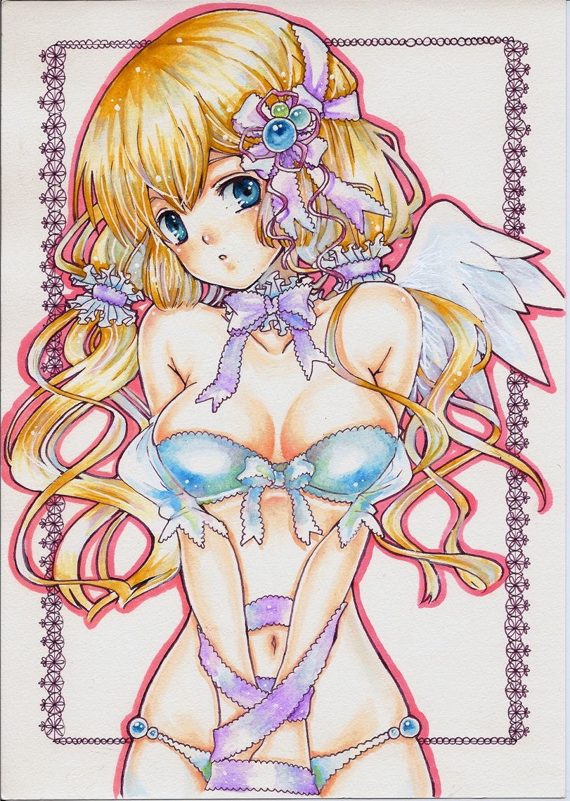 sorax2112, original, bad id, bad pixiv id, colored pencil (medium), marker (medium), traditional media, 1girl, bdsm, blonde hair, blue eyes, bondage, bound, bow, bra, breasts, female focus, large breasts, lingerie, long hair, navel, panties, ribbon, ribbon bondage, solo, underwear, underwear only, wings