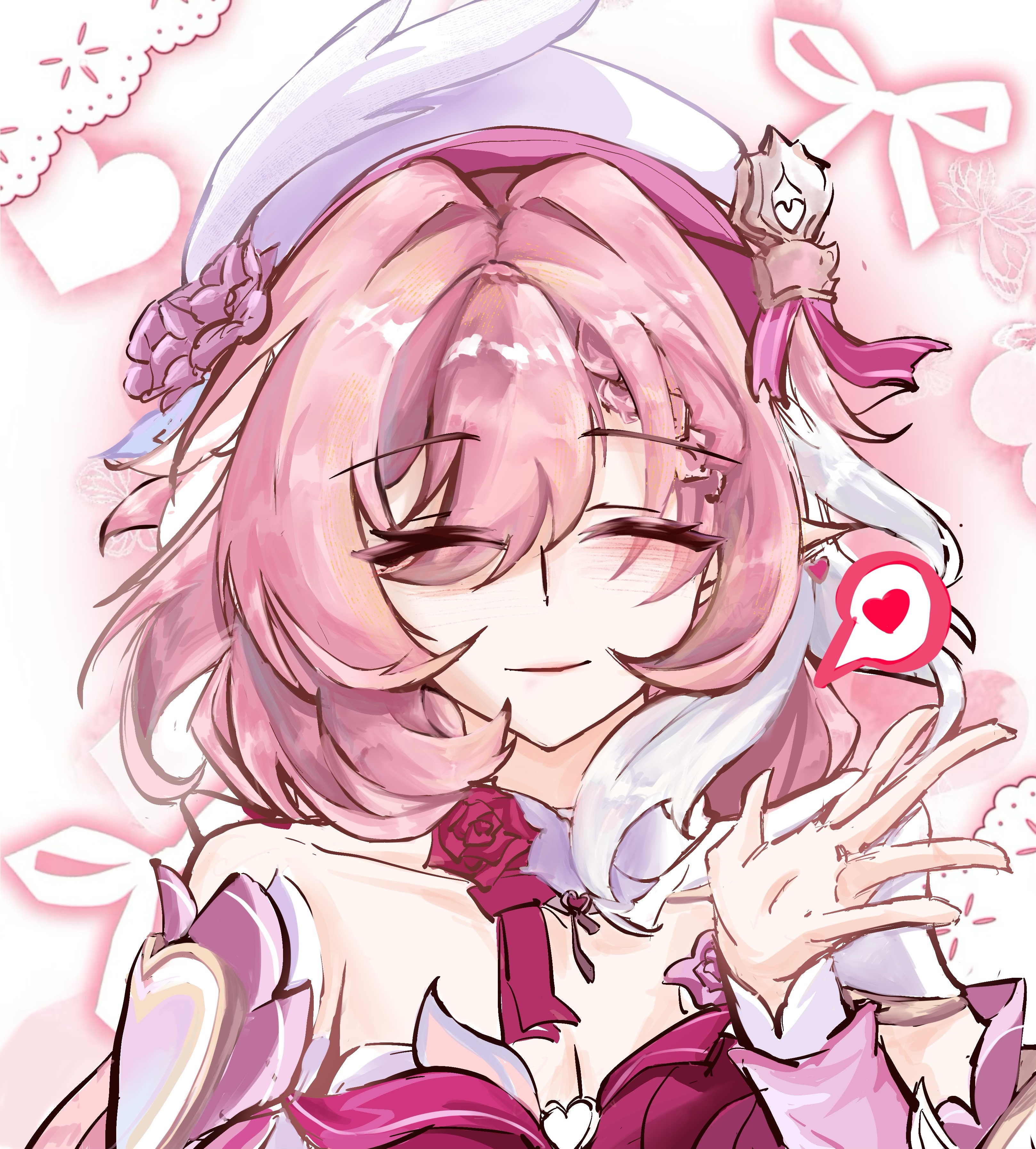 elysia (hi love elf) (honkai impact), elysia (honkai impact), honkai (series), honkai impact 3rd, absurdres, chinese commentary, commentary request, highres, 1girl, beret, breasts, cleavage, dress, elf, hat, heart, large breasts, long hair, multicolored hair, pink hair, pointy ears, red dress, smile, solo, spoken heart, two-tone hair, upper body, very long hair, white hair, yunlubai