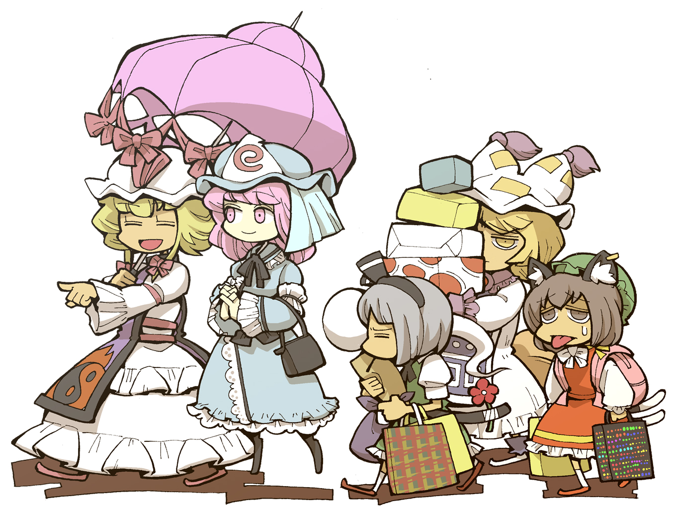 hounori, chen, konpaku youmu, konpaku youmu (ghost), saigyouji yuyuko, yakumo ran, yakumo yukari, touhou, 5girls, animal hat, blonde hair, female focus, hat, hitodama, long sleeves, mob cap, multiple girls, shoes, shopping, short hair, socks, tassel, wide sleeves