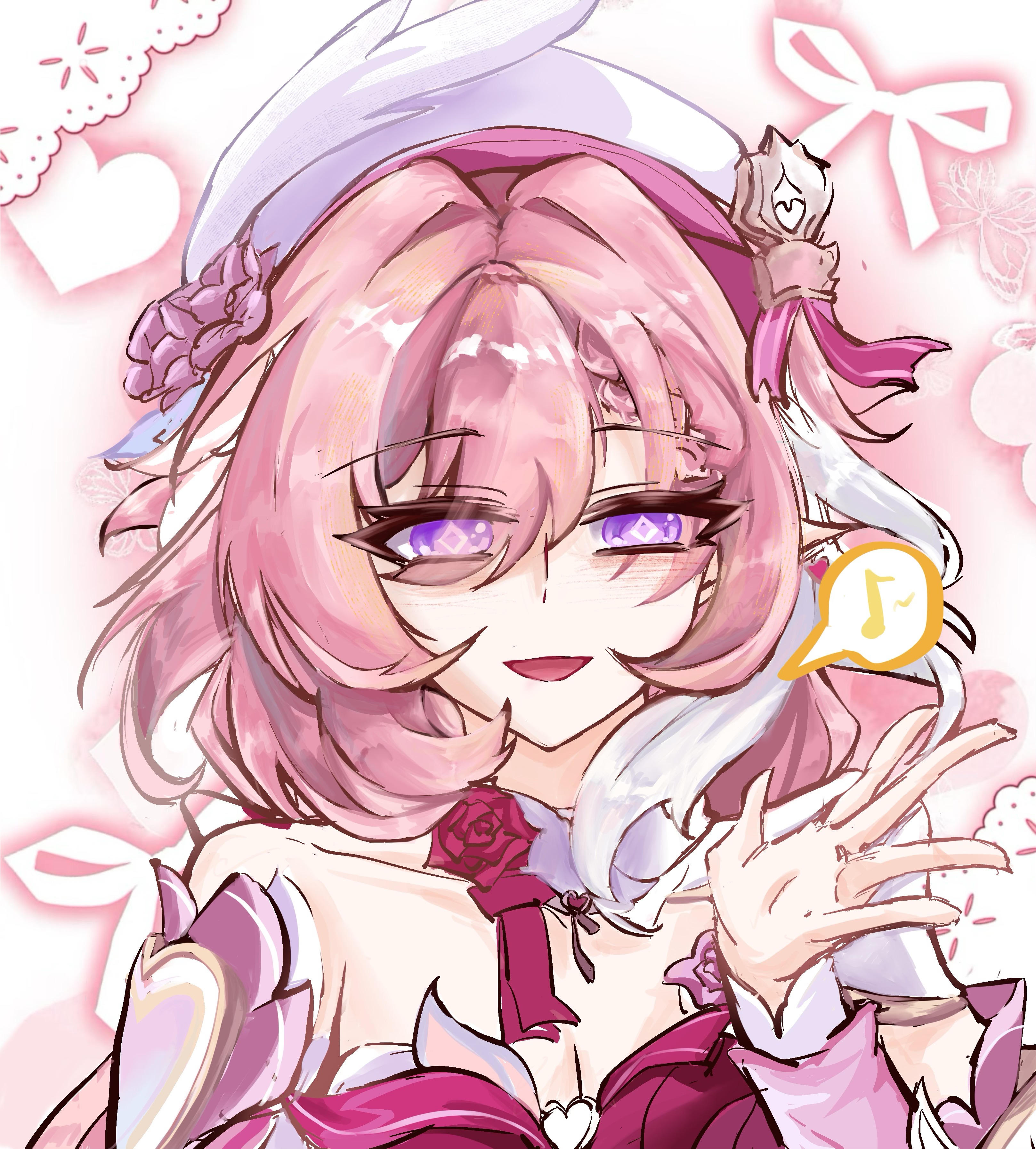 elysia (hi love elf) (honkai impact), elysia (honkai impact), honkai (series), honkai impact 3rd, absurdres, chinese commentary, commentary request, highres, 1girl, beret, breasts, cleavage, diamond-shaped pupils, diamond (shape), dress, elf, hat, heart, large breasts, long hair, multicolored hair, pink hair, pointy ears, purple eyes, red dress, smile, solo, spoken heart, symbol-shaped pupils, two-tone hair, upper body, very long hair, white hair, yunlubai