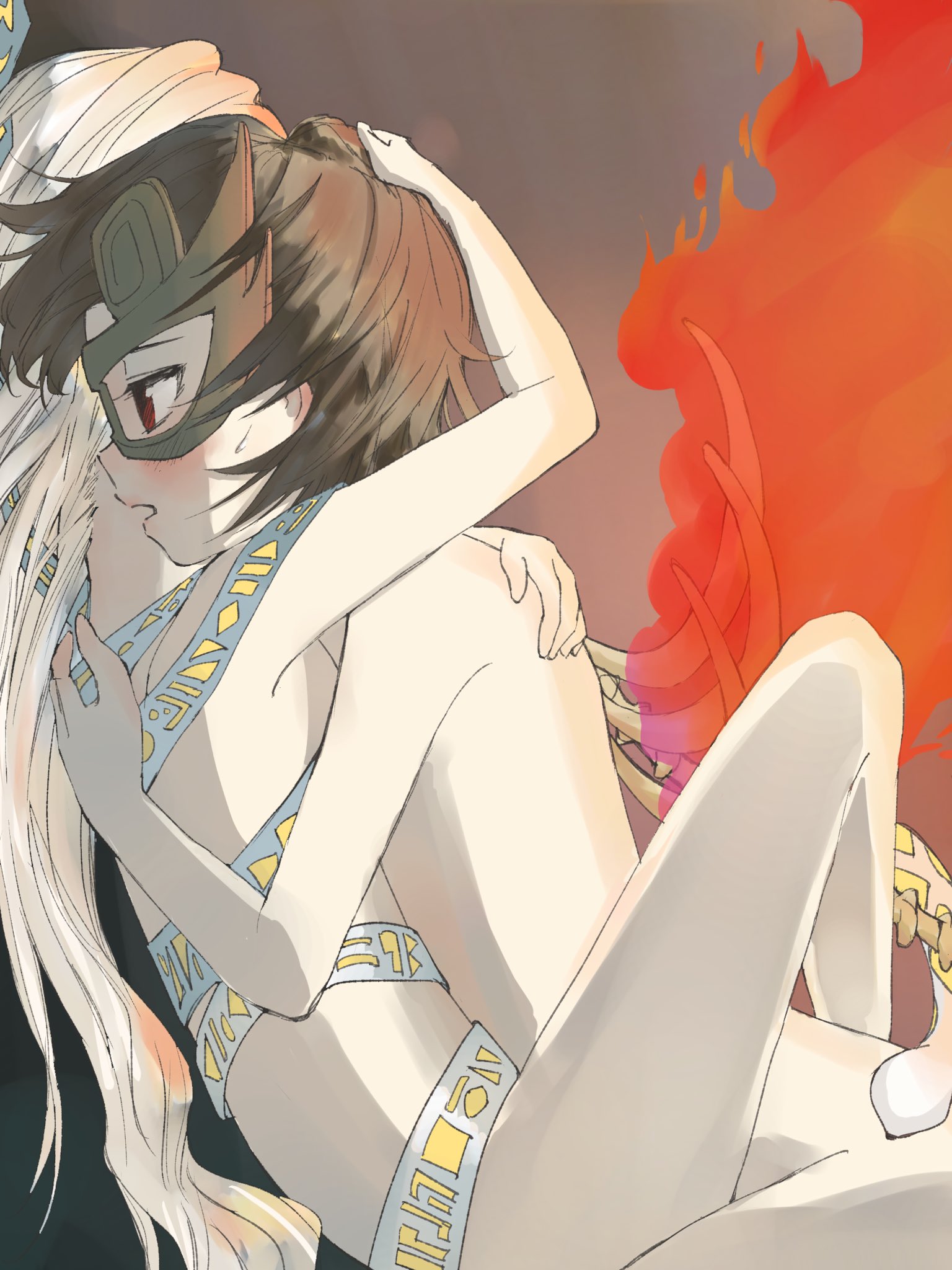 natsuhashi kyo, iwanaga ariya, yuiman asama, fossilized wonders, touhou, highres, 2girls, blush, bone, brown hair, brown mask, grey hair, hand on another's head, hug, long hair, mask, mask over one eye, multiple girls, nude, red eyes, ribbon around body, short hair, skeletal wings, snake, snake wrapped around body, wings