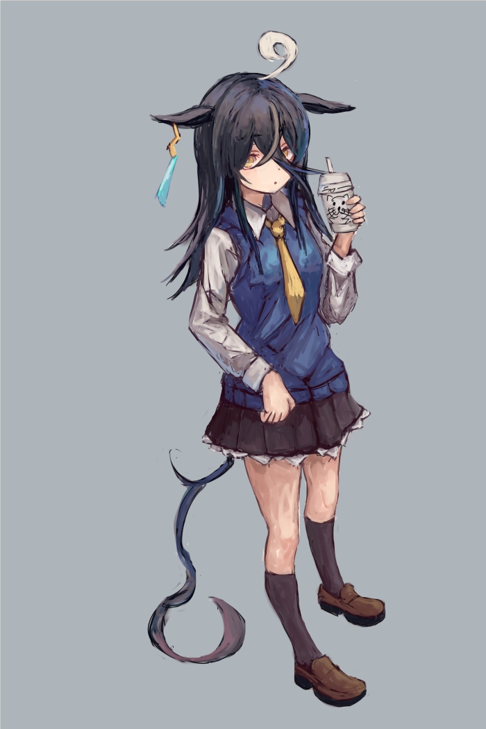 yanagi wakana, manhattan cafe (umamusume), umamusume, 1girl, ahoge, animal ears, black hair, black skirt, black socks, blue sweater vest, collared shirt, cup, disposable coffee cup, disposable cup, drinking straw, ear tag, earrings, hair between eyes, holding, holding cup, horse ears, horse girl, horse tail, jewelry, long bangs, long hair, long hair between eyes, long sleeves, looking at viewer, multicolored hair, necktie, parted lips, shirt, shoes, simple background, single earring, skirt, socks, solo, sweater vest, tail, white hair, white shirt, yellow eyes, yellow necktie