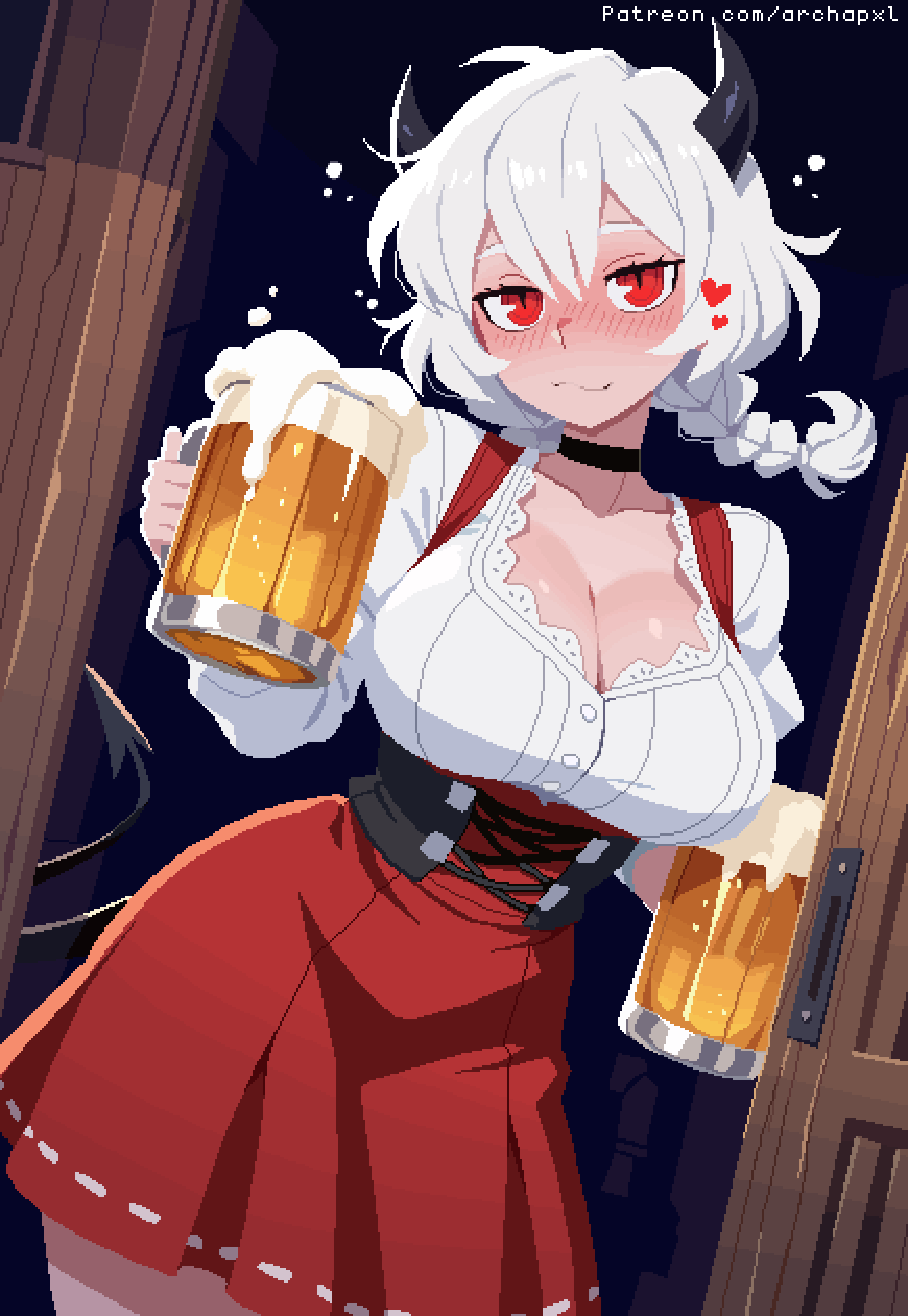 archapxl, malina (helltaker), helltaker, commentary, english commentary, highres, 1girl, alcohol, alternate costume, alternate hairstyle, artist name, barmaid, beer, beer mug, black choker, black horns, blush, braid, braided ponytail, breasts, choker, cleavage, cup, demon, demon girl, demon horns, german clothes, holding, holding cup, horns, large breasts, mug, oktoberfest, pixel art, red eyes, short hair, slit pupils, solo, standing, tail, twitter username, watermark, wavy mouth, web address, white hair, wooden door
