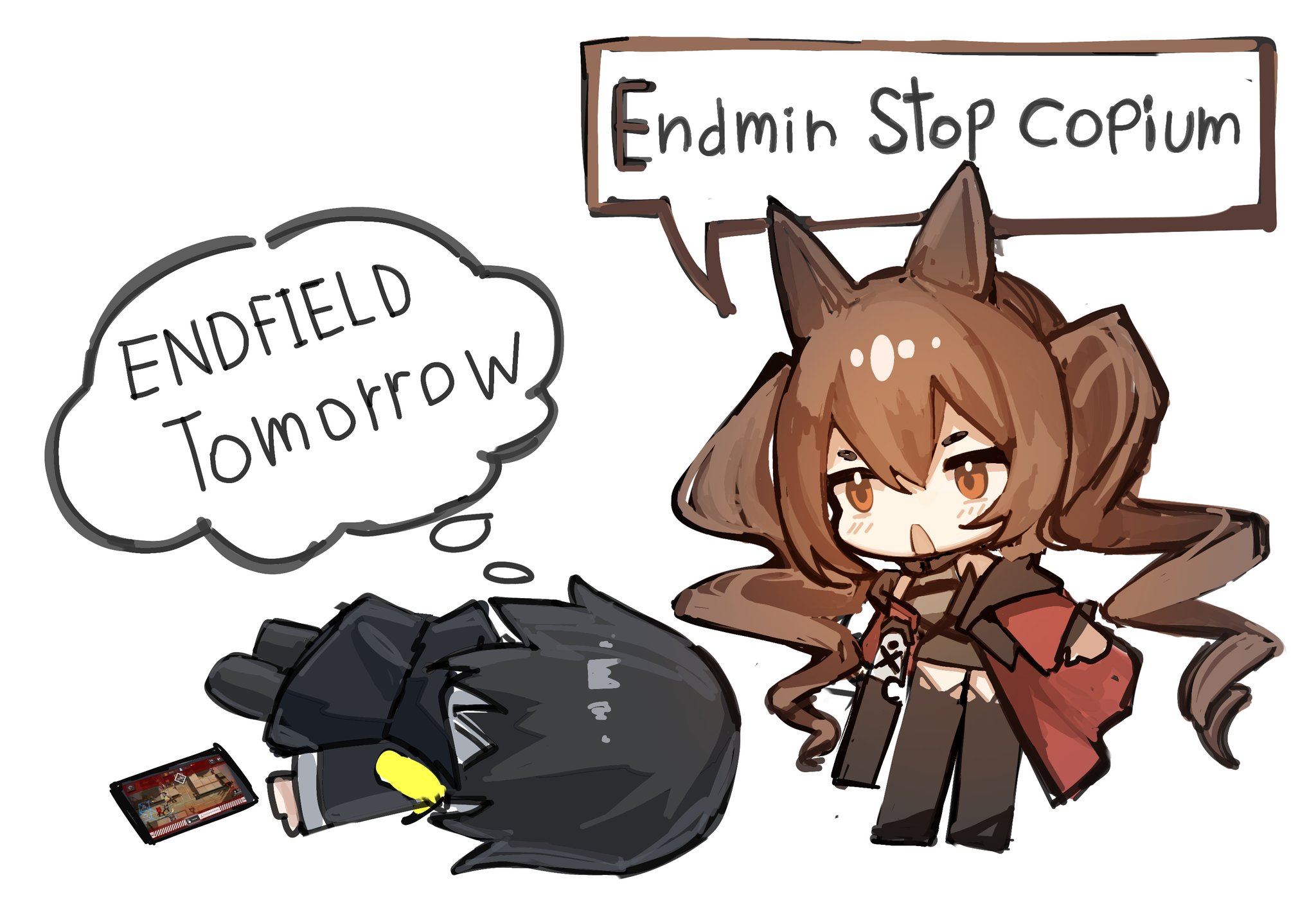 ar5l0v1g, angelina (arknights), endministrator (arknights), female endministrator (arknights), gilberta (arknights), arknights, arknights: endfield, commentary, english commentary, highres, 1girl, 2girls, animal ears, black hair, black jacket, black thighhighs, blush, brown hair, cellphone, chibi, coat, double-parted bangs, dress, drill hair, english text, face down, fox ears, fox girl, game screenshot inset, grey dress, hair between eyes, jacket, long hair, medium hair, multiple girls, no nose, open clothes, open coat, phone, red coat, red eyes, short dress, simple background, smartphone, speech bubble, thighhighs, thought bubble, twin drills, twintails, white background