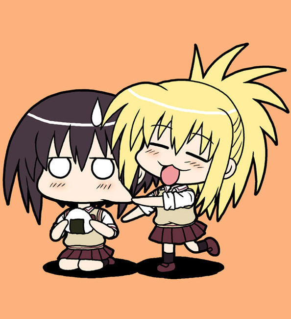 waiai, chiba kirino, kawazoe tamaki, bamboo blade, 00s, 2girls, blonde hair, cheek pinching, cheek pull, chibi, food, multiple girls, onigiri, pinching, school uniform, short hair, simple background, sleeves rolled up, sweatdrop