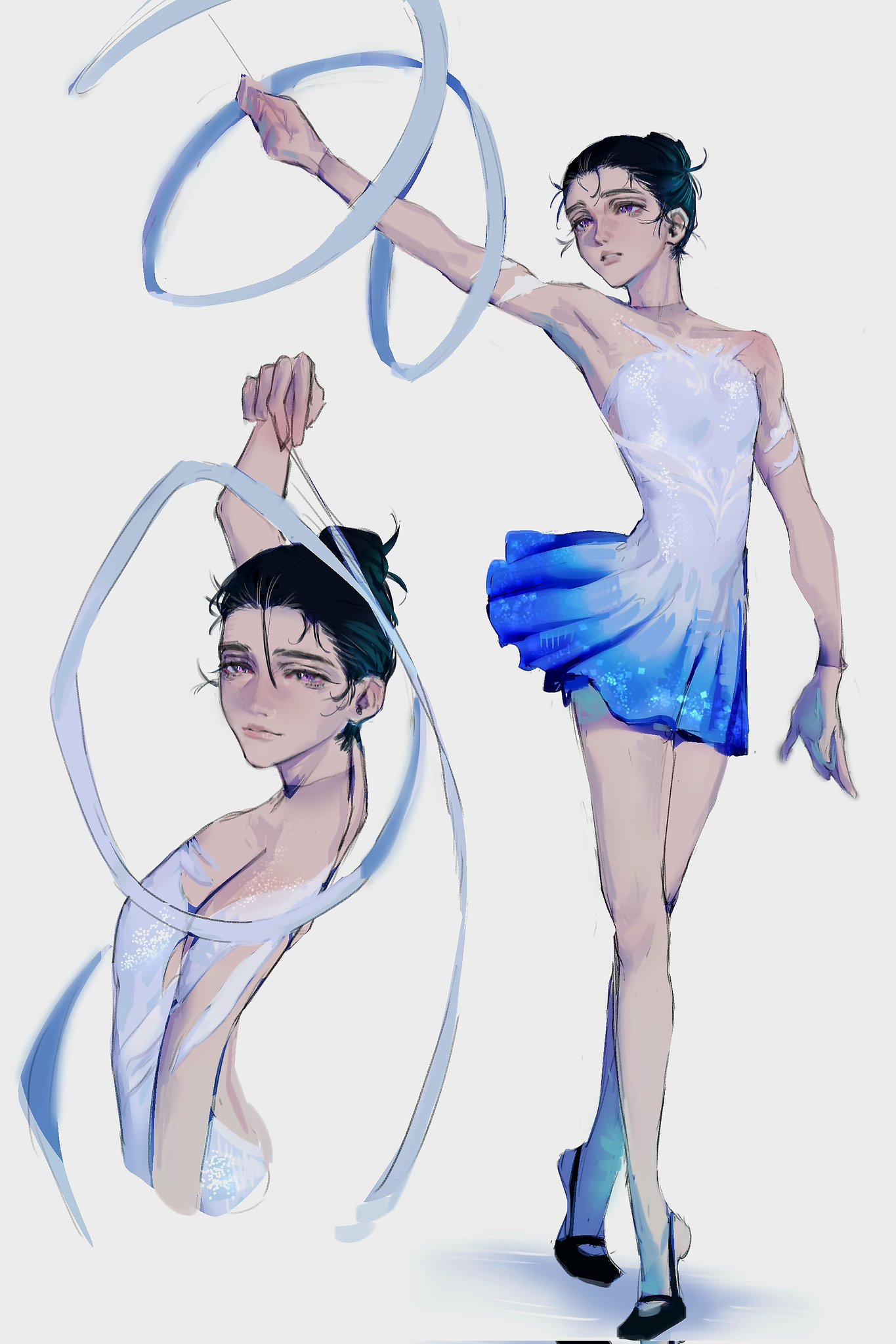 lika vante, sua (alien stage), alien stage, commentary, corrupted twitter file, english commentary, highres, 1girl, black hair, blue dress, blue ribbon, dress, gymnastics, hair bun, official alternate costume, parted lips, purple eyes, rhythmic gymnastics, ribbon, ribbon baton, tiptoes