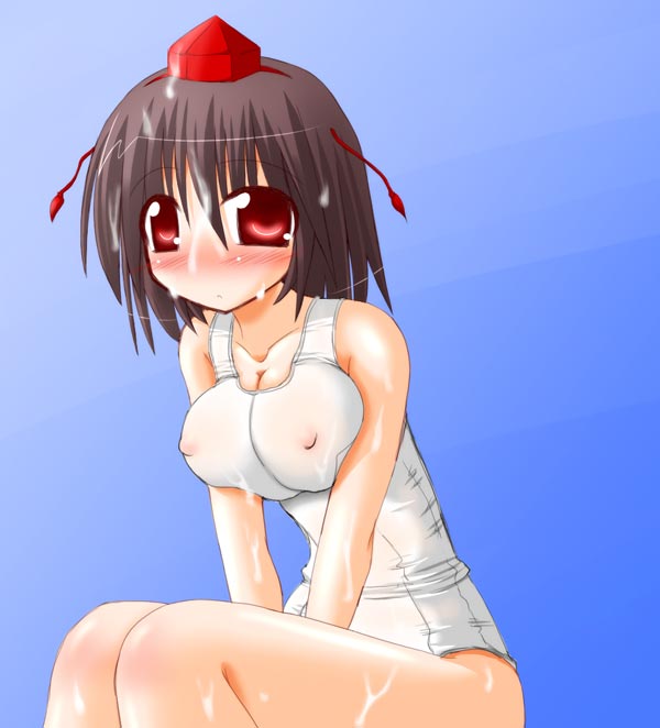 arayama reiichi, shameimaru aya, touhou, 1girl, black hair, blush, breasts, bukkake, covered erect nipples, cum, cum on body, cum on hair, facial, female focus, hat, large breasts, looking at viewer, one-piece swimsuit, red eyes, school swimsuit, see-through clothes, short hair, solo, swimsuit, white one-piece swimsuit, white school swimsuit