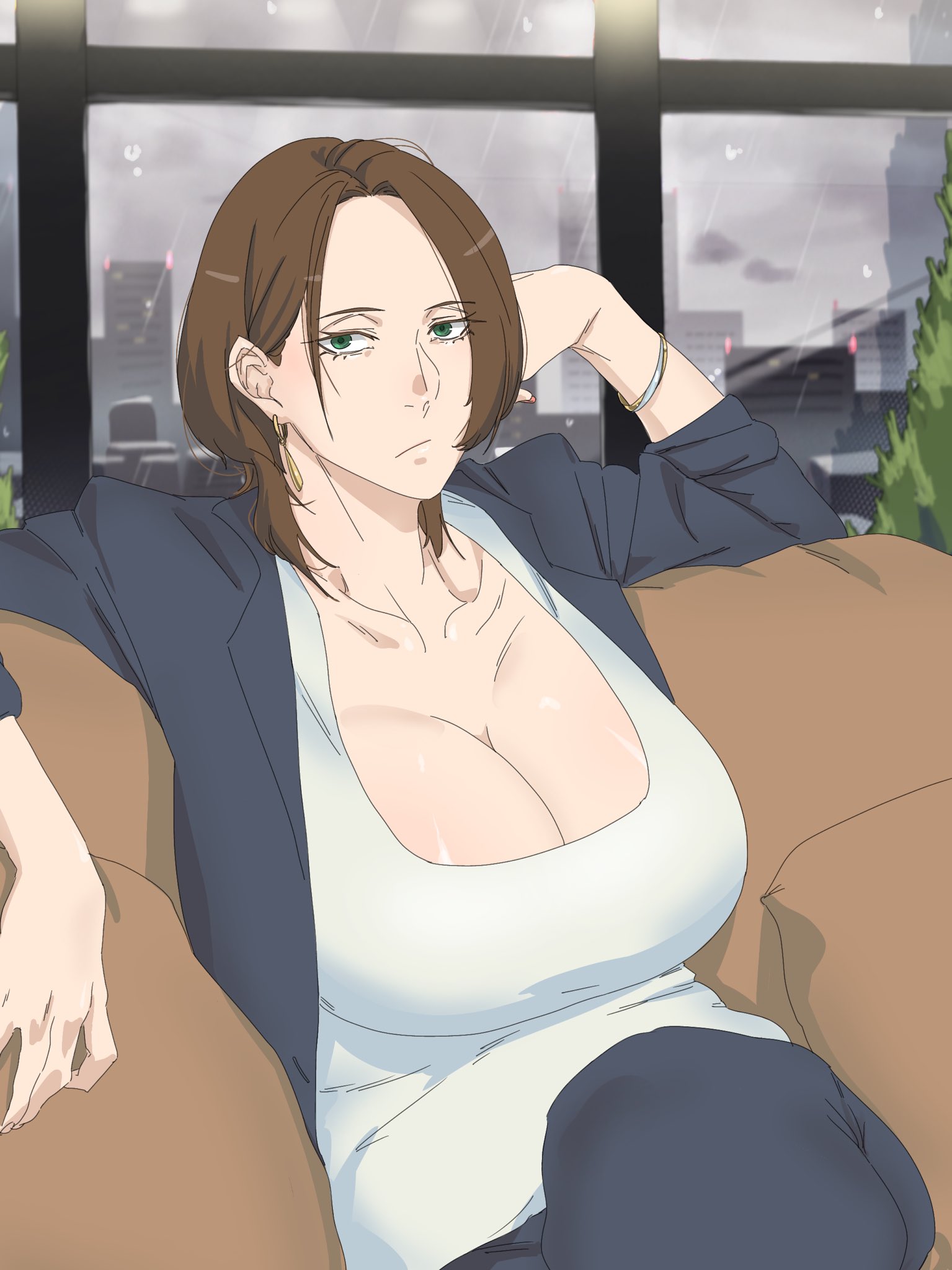 mattsun (lyohei), original, commentary request, highres, 1girl, bracelet, breasts, brown hair, building, cleavage, closed mouth, couch, crossed legs, earrings, green eyes, hair behind ear, jewelry, large breasts, looking at viewer, pillow, short hair, sitting, skyscraper, solo, tank top, white tank top, window