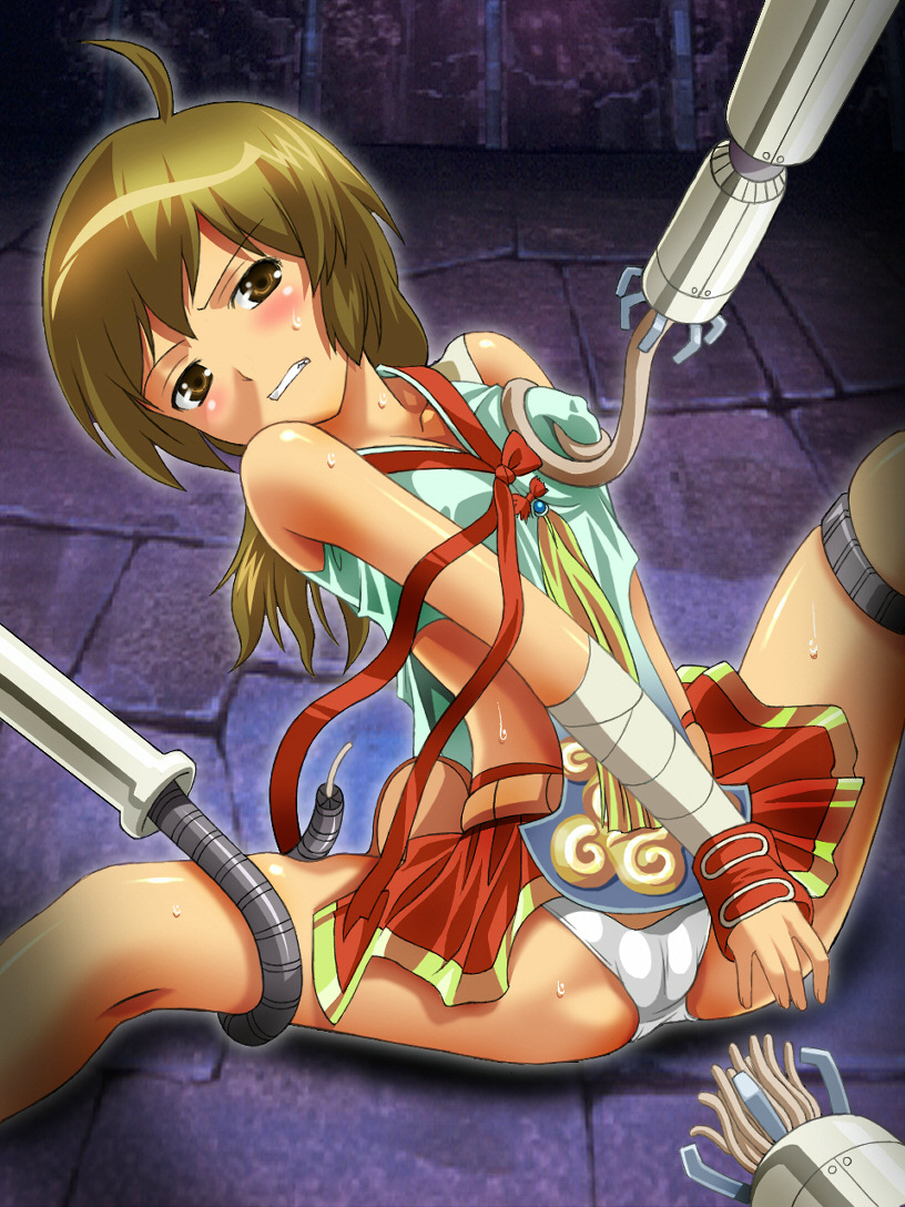 taekwon (ragnarok online), taekwon girl, ragnarok online, ahoge, brown hair, panties, short hair, solo, sweat, tentacles, underwear, white panties