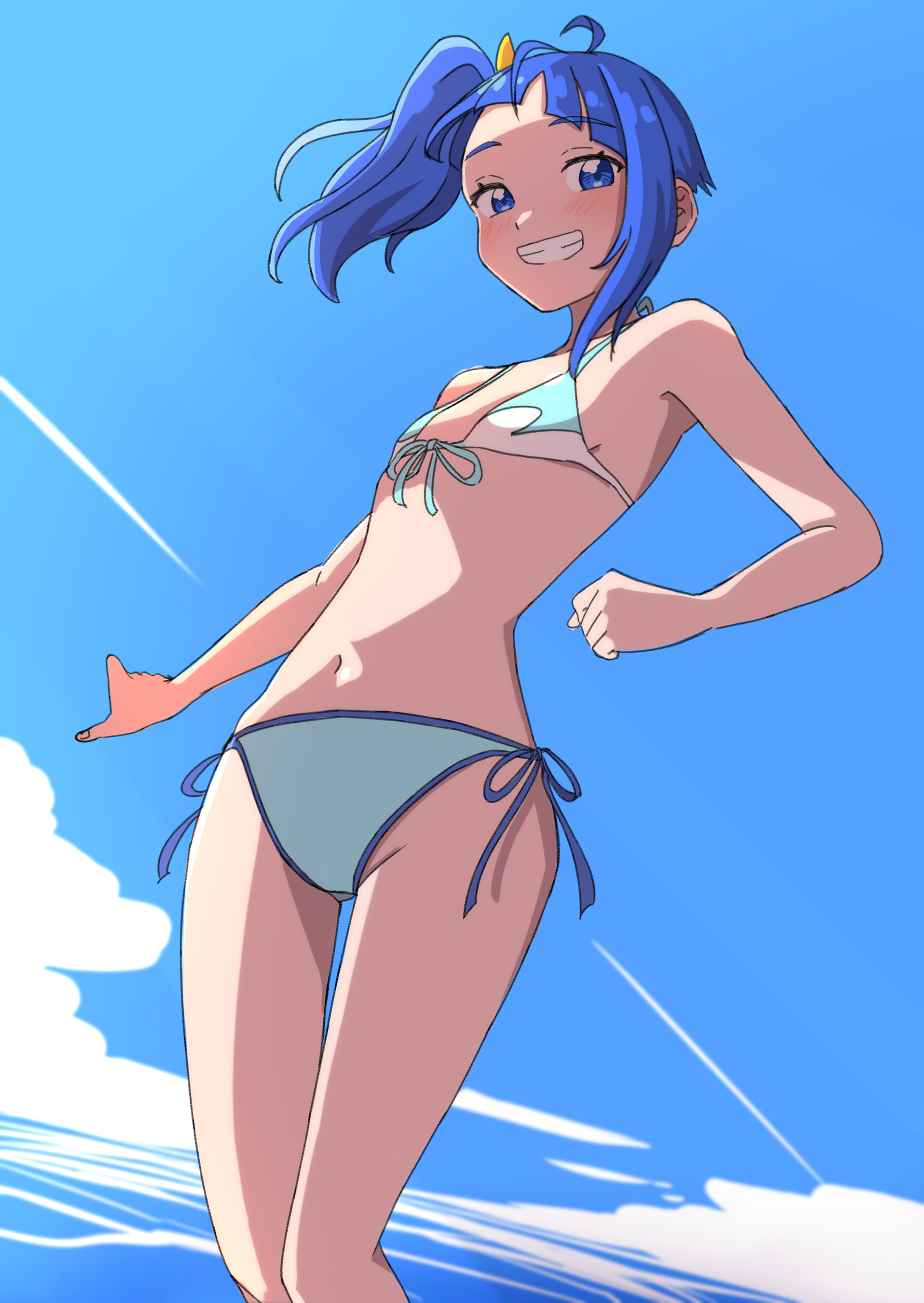hakuino hakase, sora harewataru, hirogaru sky! precure, precure, absurdres, commentary, highres, 1girl, bikini, blue eyes, blue hair, cloud, cloudy sky, day, front-tie bikini top, front-tie top, looking at viewer, navel, ocean, outdoors, print bikini, side-tie bikini bottom, side ponytail, sky, smile, solo, standing, swimsuit, wave print, white bikini