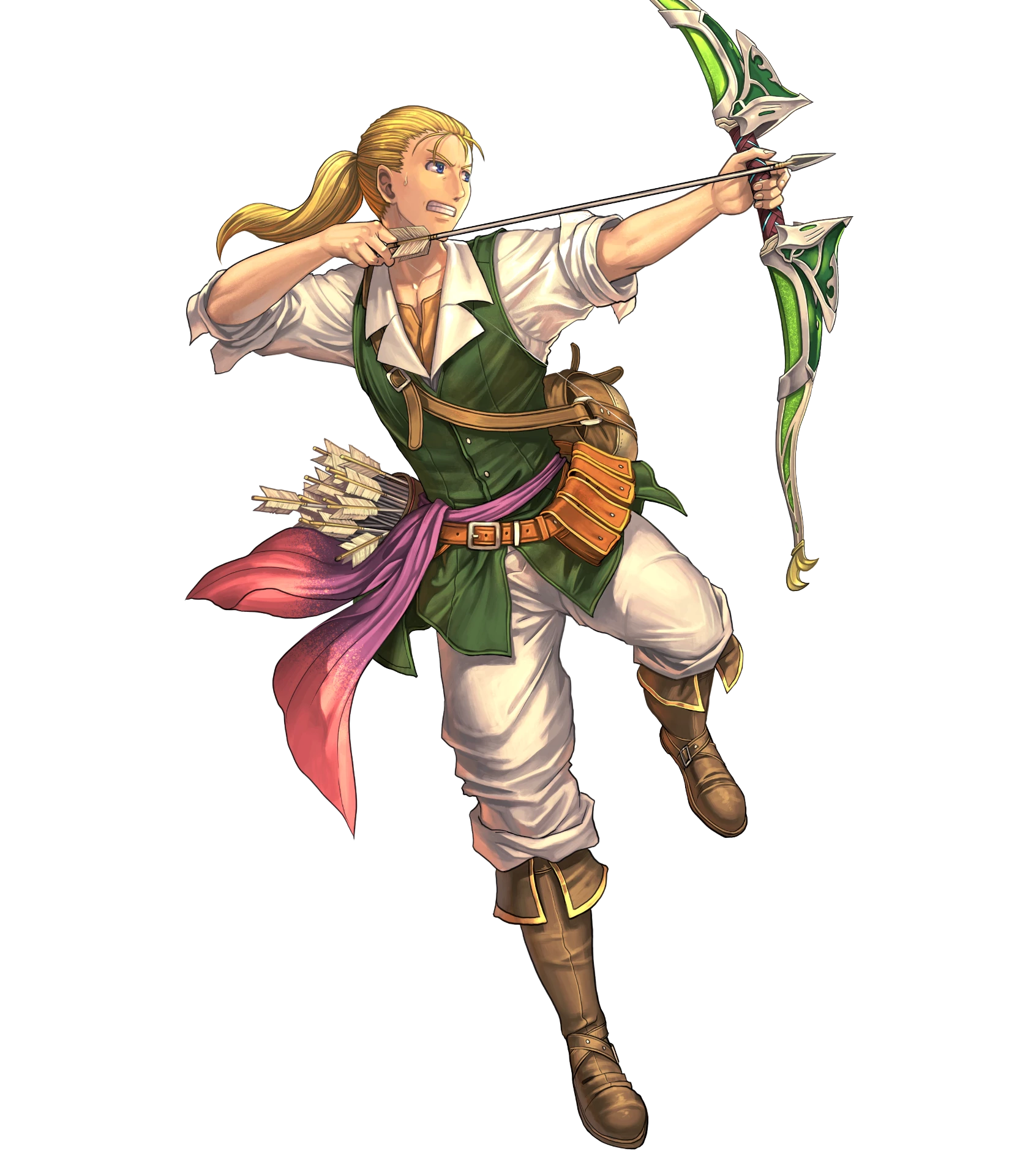 izuka daisuke, fire emblem, fire emblem: radiant dawn, fire emblem heroes, nintendo, highres, non-web source, official art, 1boy, aiming, arrow (projectile), bag, blonde hair, blue eyes, boots, box, brown boots, full body, holding, holding arrow, holding box, jorge (fire emblem), long hair, male focus, ponytail, quiver, sash, shoulder bag, simple background, sleeves rolled up, solo, transparent background, waist sash