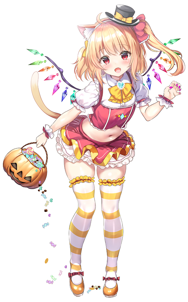 rikatan, flandre scarlet, touhou, commentary, commentary request, english commentary, 1girl, :d, ahoge, animal ears, black hat, bow, bowtie, bucket, candy, cat ears, cat tail, claw pose, cropped shirt, food, frilled thighhighs, frills, full body, hair bow, hairband, halloween bucket, hat, hat bow, holding, holding bucket, kemonomimi mode, lollipop, long hair, looking at viewer, mini hat, mini top hat, miniskirt, navel, one side up, open mouth, orange shoes, puffy short sleeves, puffy sleeves, red bow, red eyes, red nails, red shirt, red skirt, shirt, shoes, short sleeves, simple background, skindentation, skirt, smile, solo, standing, stomach, striped clothes, striped thighhighs, tail, thighhighs, top hat, white background, white hairband, white thighhighs, wings, yellow bow, yellow bowtie, yellow thighhighs