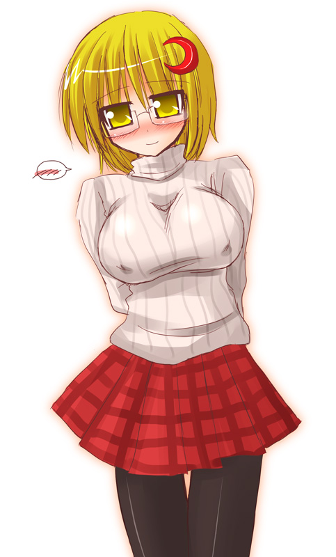 arayama reiichi, lunasa prismriver, touhou, 1girl, bespectacled, blonde hair, blush, breasts, casual, female focus, glasses, large breasts, pantyhose, ribbed turtleneck sweater, short hair, skirt, smile, solo, sweater, white background, yellow eyes