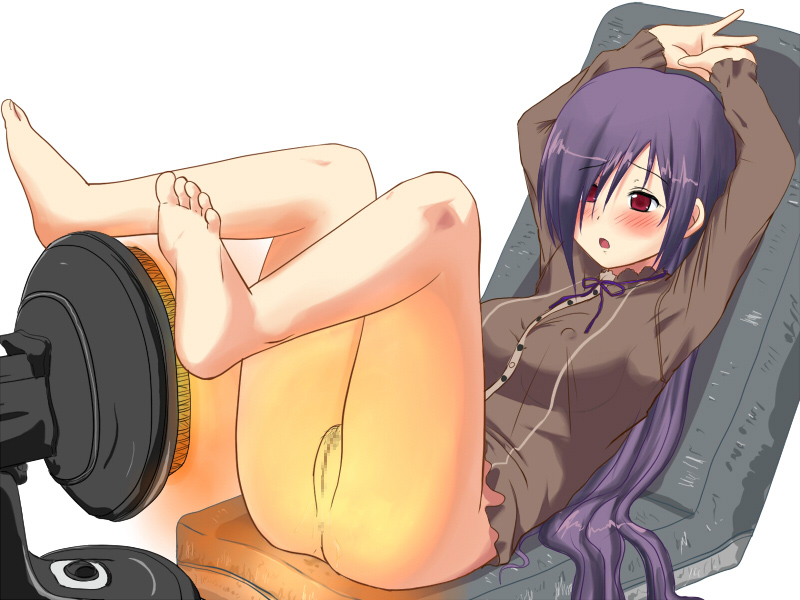 segirl, mikage (toppara), toppara, anus, arms up, barefoot, blush, bottomless, breasts, censored, covered erect nipples, feet, female pubic hair, heater, large breasts, long hair, pubic hair, purple hair, pussy, red eyes, soles, solo, toes
