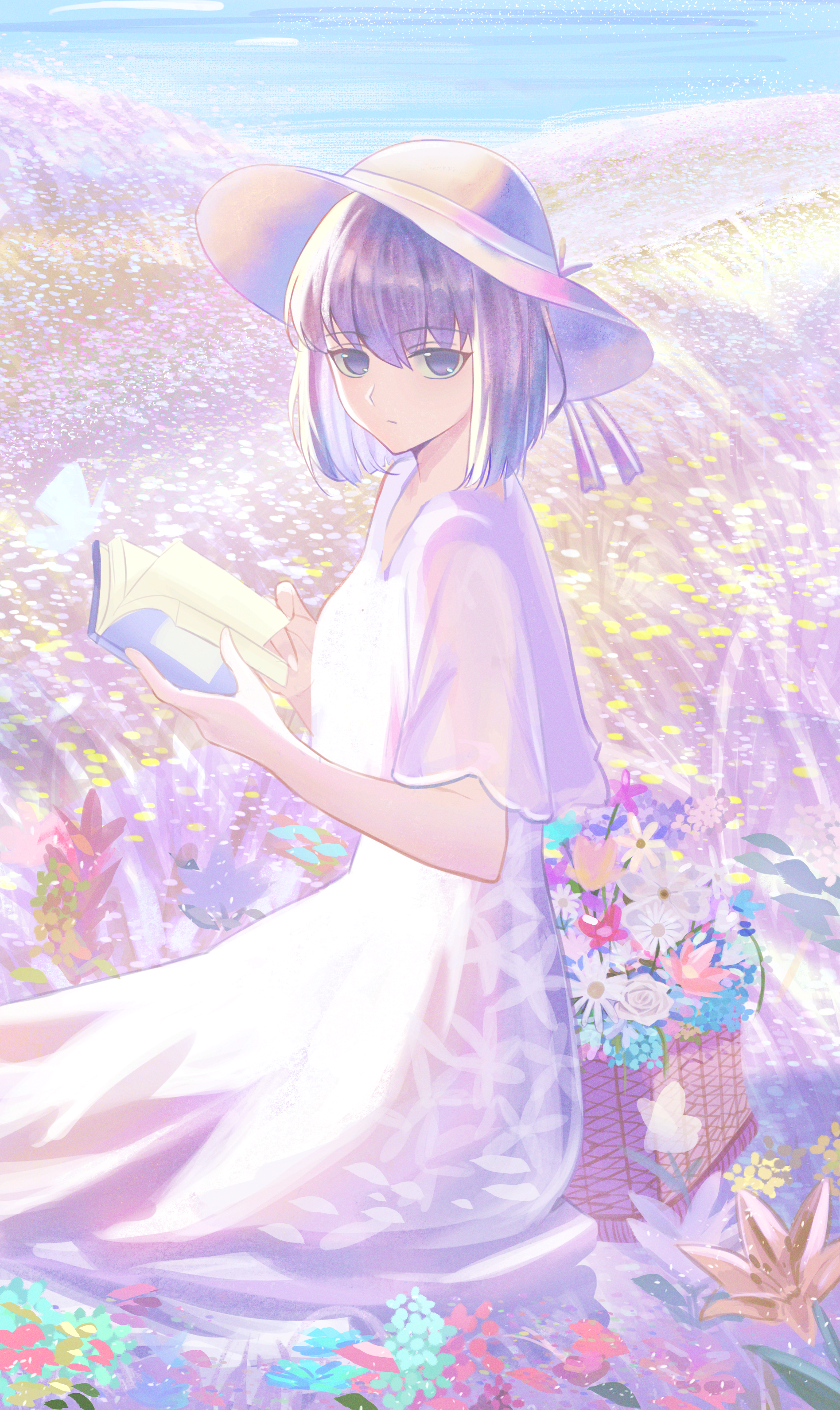 kaworu13, kuonji alice, fate/grand order, fate (series), mahou tsukai no yoru, absurdres, commentary, english commentary, highres, 1girl, basket, black eyes, black hair, book, closed mouth, dress, expressionless, field, flower, flower basket, flower field, hat, holding, kuonji alice (second ascension), official alternate costume, open book, outdoors, short hair, sitting, solo, sun hat, water, white dress, white hat