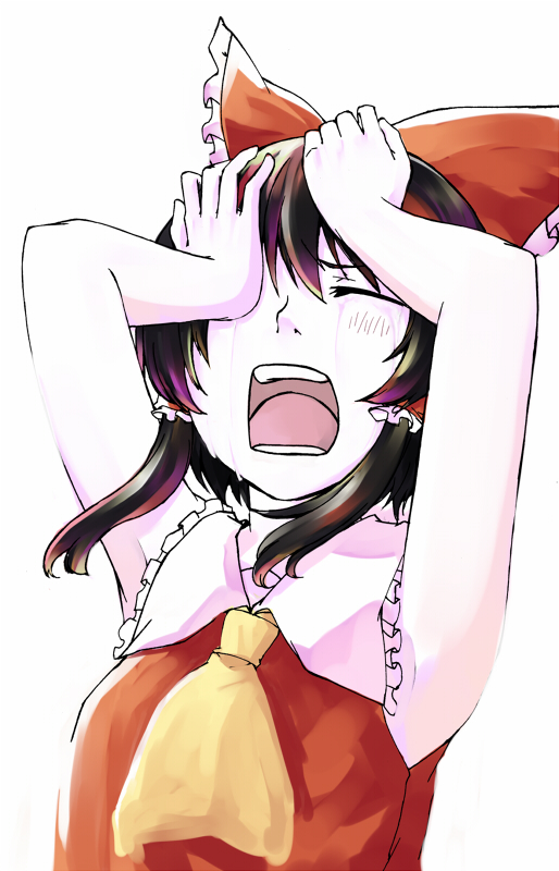 sakuraba yuuki, hakurei reimu, touhou, 1girl, armpits, black hair, closed eyes, covering one eye, crying, despair, female focus, open mouth, short hair, sleeveless, sobbing, solo, tears, teeth