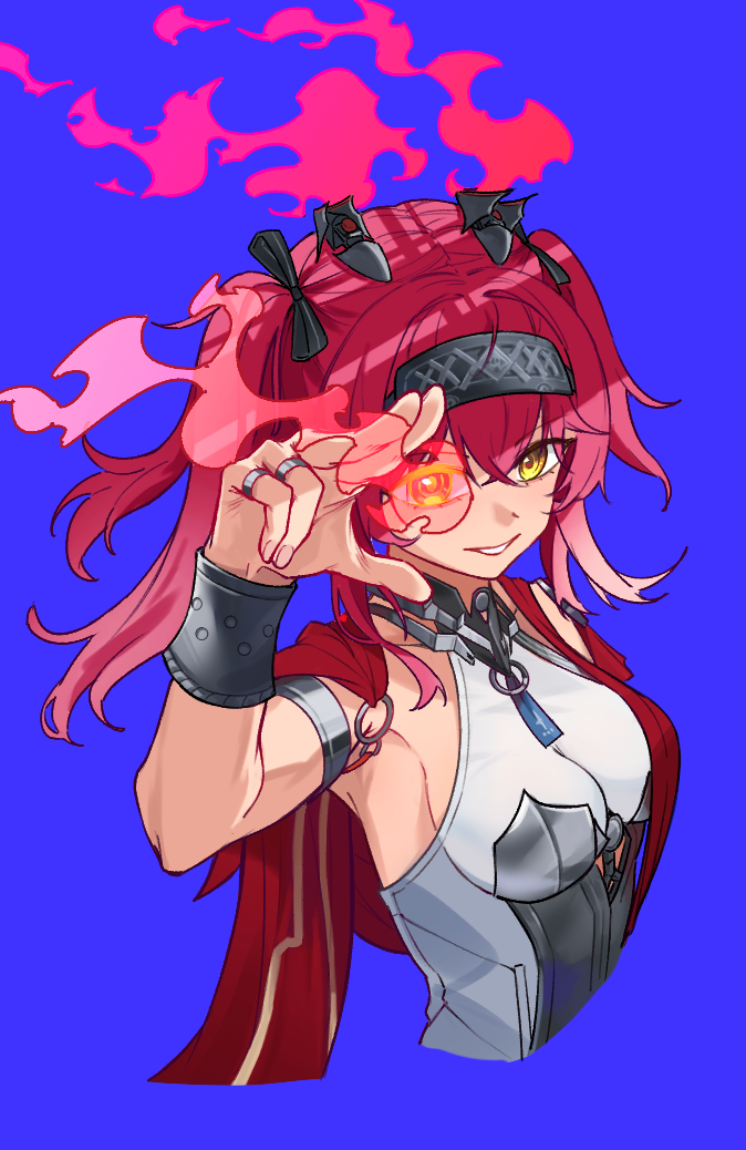 lupa (wuthering waves), wuthering waves, commentary, 1girl, armlet, armor, black bow, blue background, bow, breastplate, breasts, collar, fire, gradient hair, hair between eyes, hair bow, hairband, headgear, jewelry, liu xiaosuan suanyu, long hair, looking at viewer, medium breasts, metal collar, metal hairband, multicolored hair, multiple rings, parted lips, pink hair, ring, simple background, smile, solo, twintails, wrist guards, yellow eyes